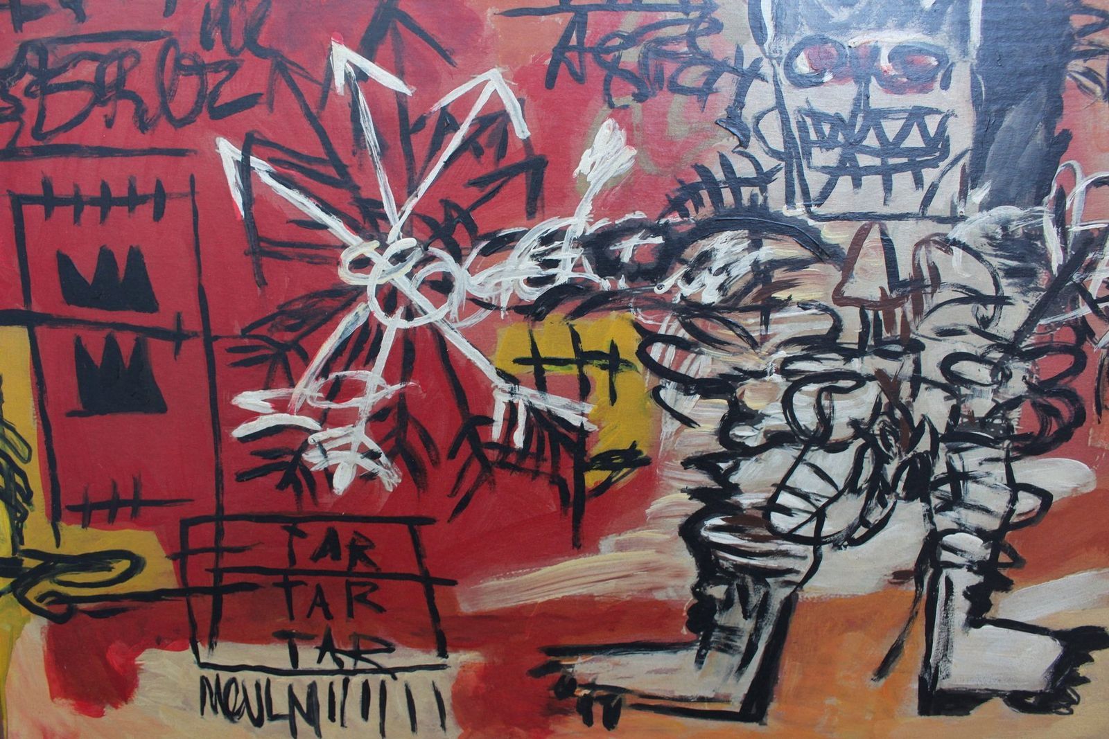Naar Basquiat, Neo-Expressionistische Compositie, jaren 1980, Olie & Hout photo for sale