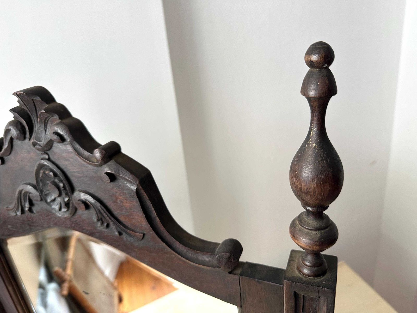 Antique French Carved Wood Beveled Mirror, Large Henri II Style Mirror, Renaissance Inspired Decor photo vinterior