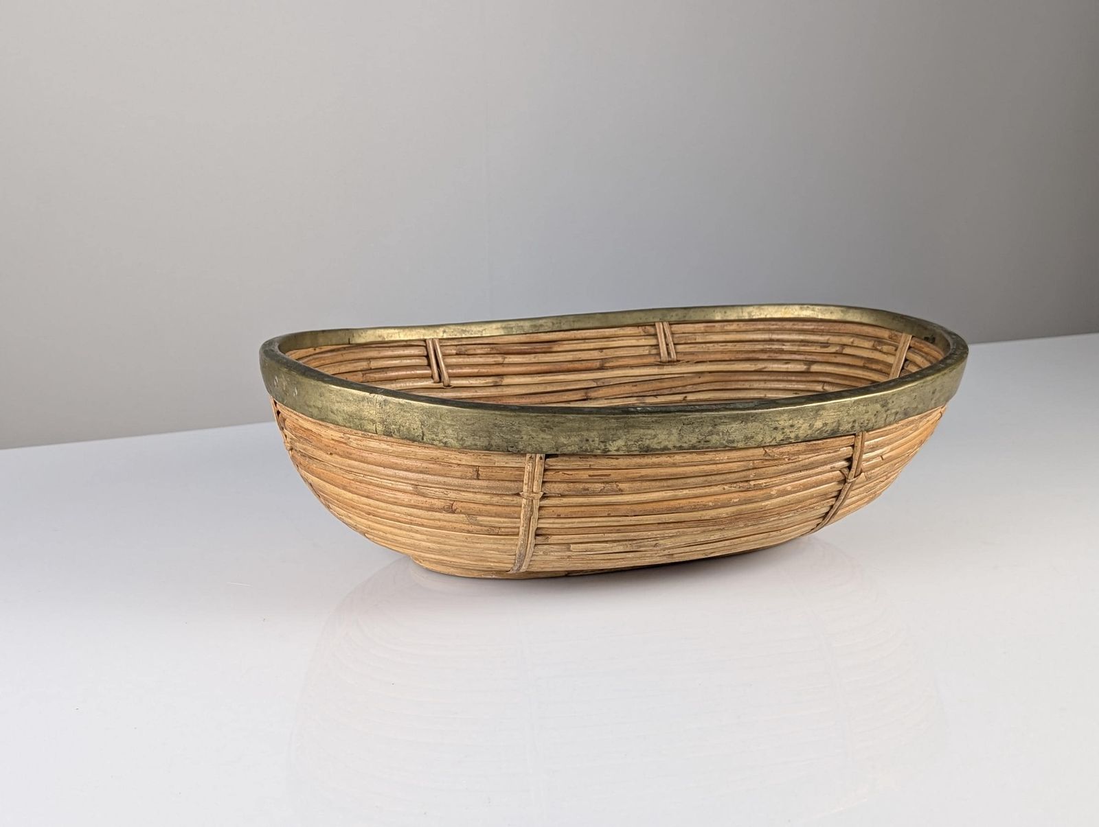 Italian Mid Century Rattan And Brass Oval Centerpiece Bowl, 1970s photo furniture