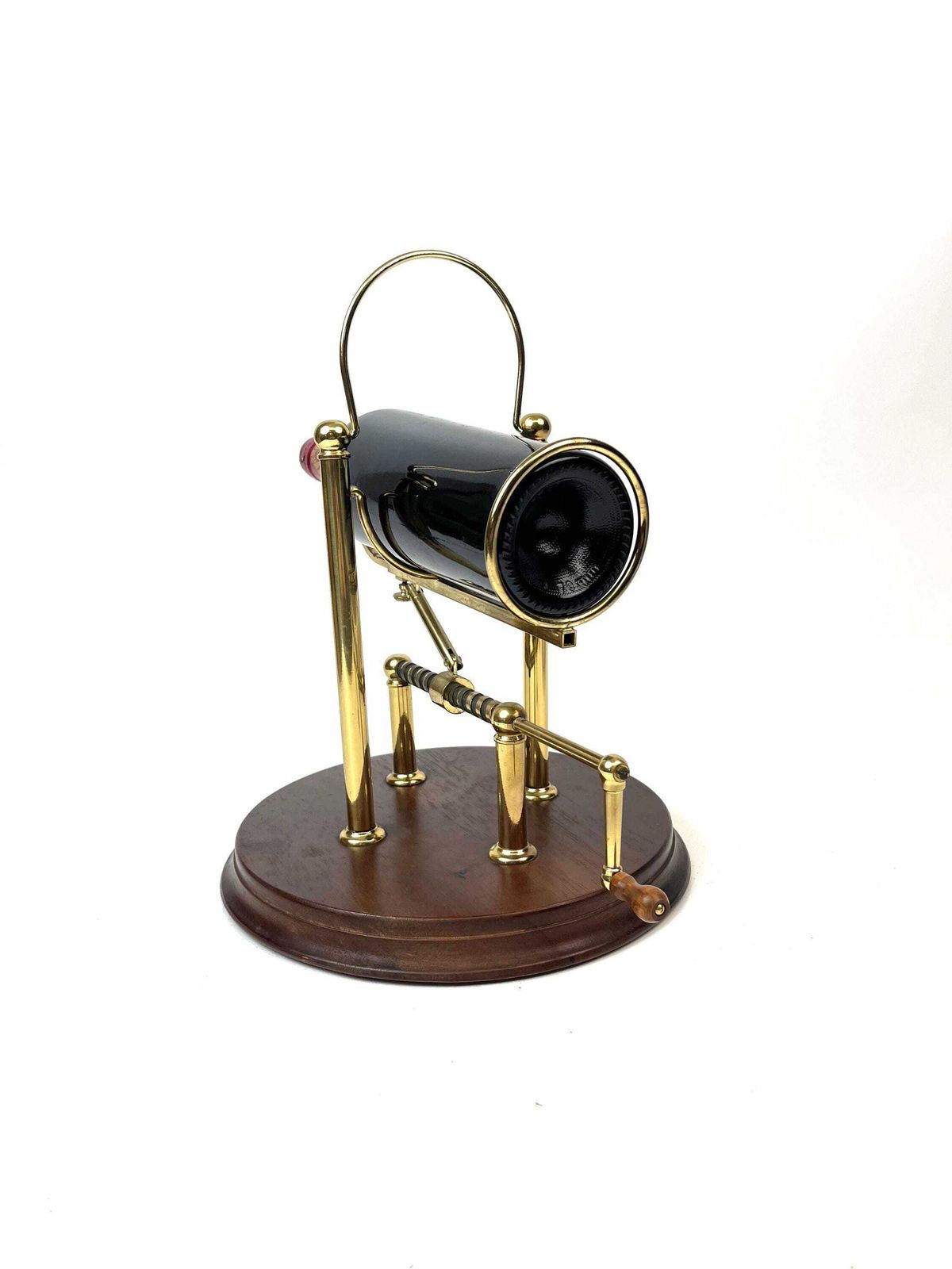 photo furniture Stunning Art Deco Mechanical Wine Cradle Brass And Wood Decanter Home Bar