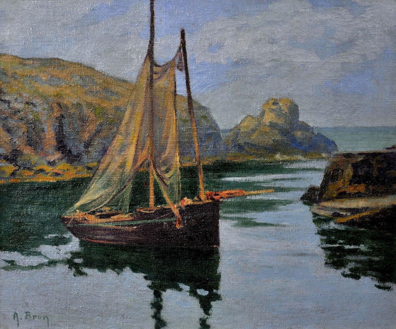 Achille Bron, 1867-1949. Une petite barque dans une anse, La Côte Sauvage. Peinture à l'huile côtière française encadrée, vers 1920. photo furniture
