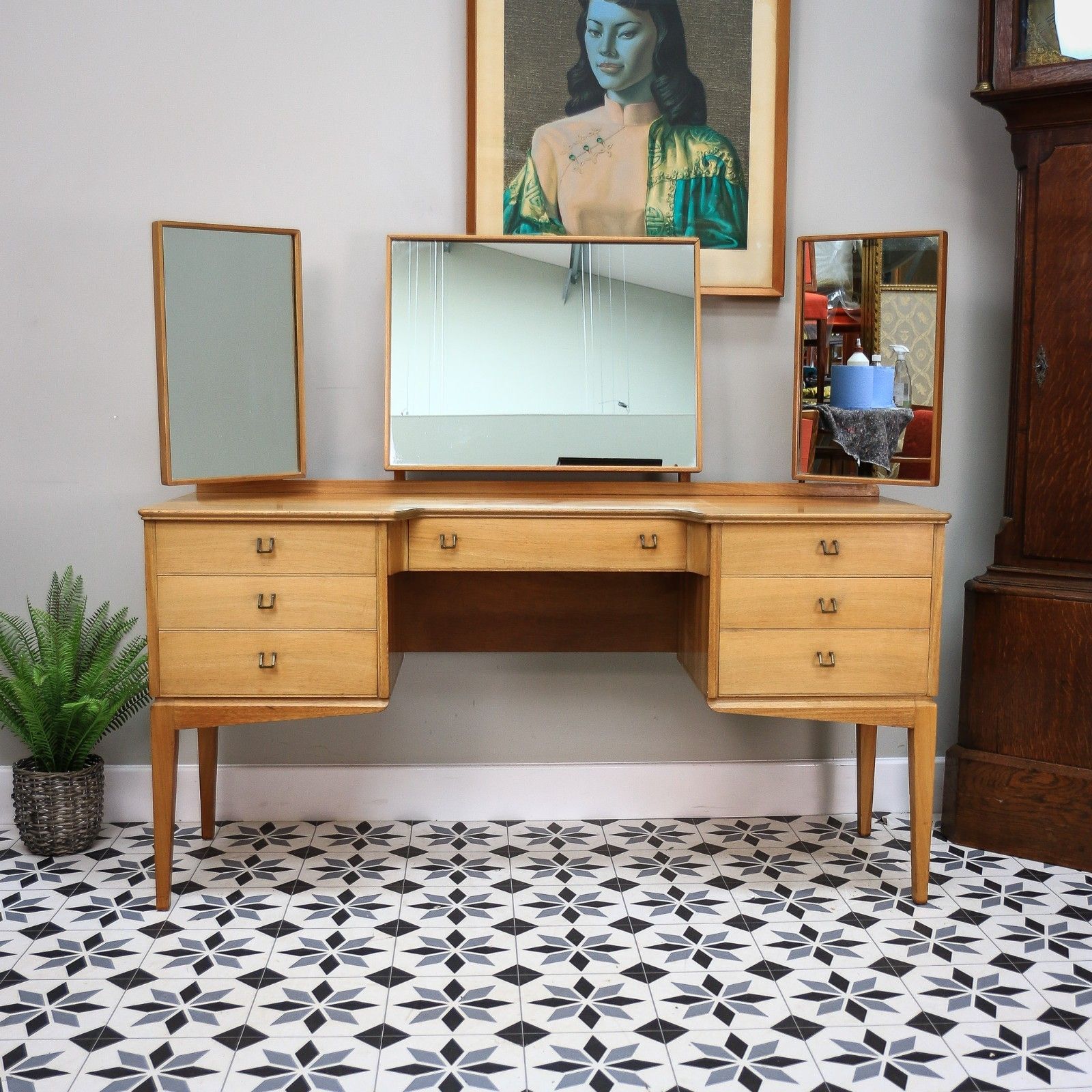 photo furniture Alfred Cox Dressing Table In Walnut For Heals With Triple Square Mirrors.