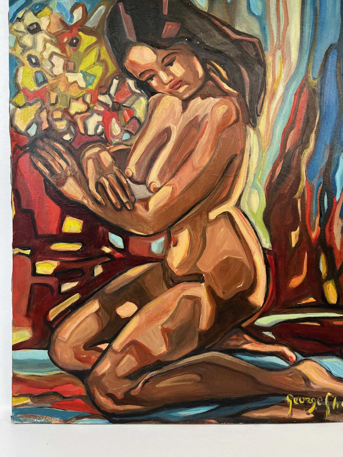 Groot olieverfschilderij op doek, mid-century, laat expressionisme, vrouwelijk naakt in een levendig landschap photo vintage