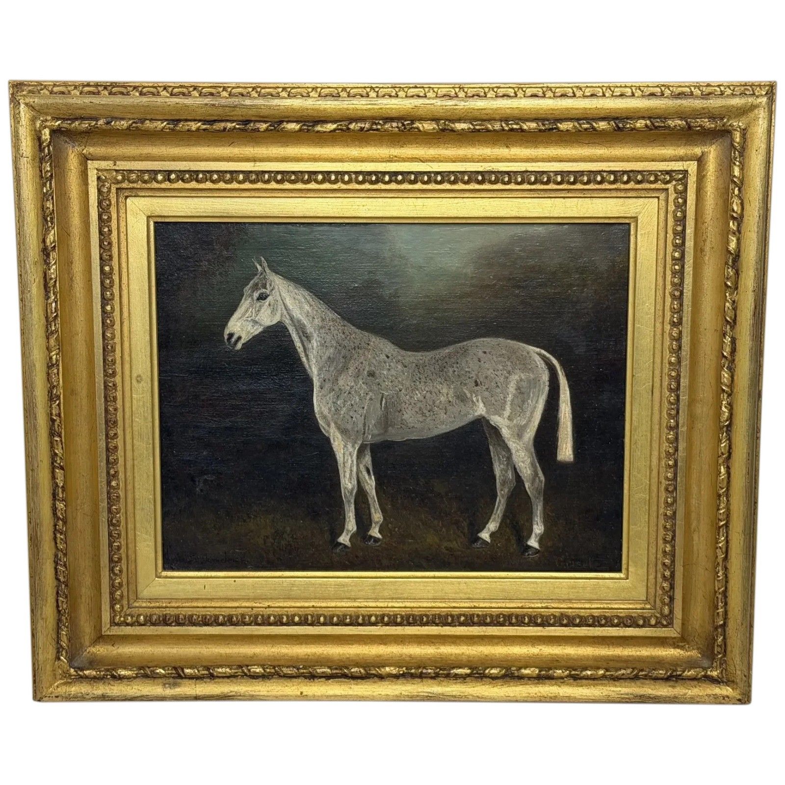 Olieverf portret begin 20e eeuw, Grisette, vleabitten grijze huntingmerrie, sportief, gesigneerd Herbert St. John Jones