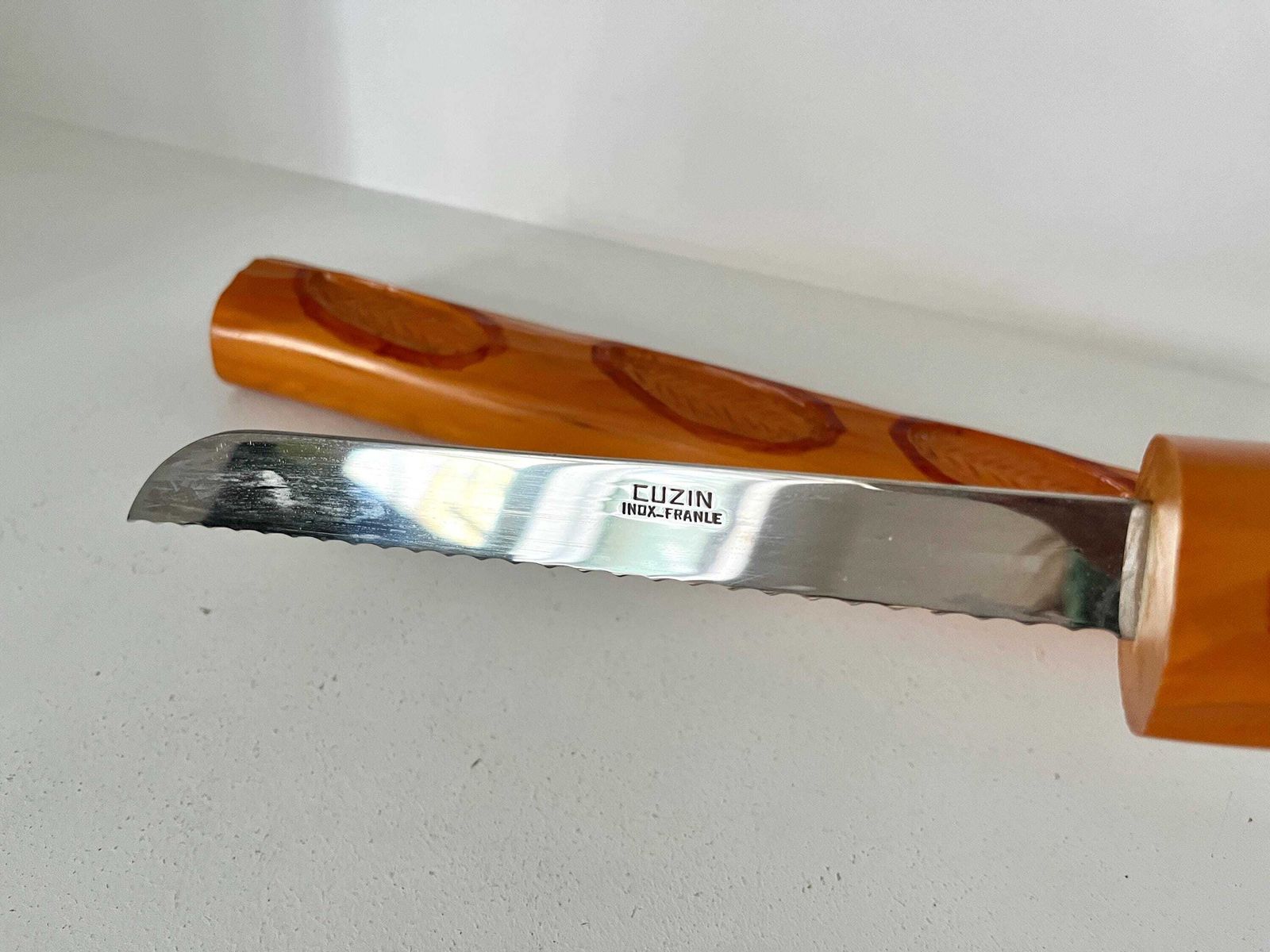 photo for sale Vintage Large Baguette Bread Knife, 80s Cuzin Wooden Knife, French Knife