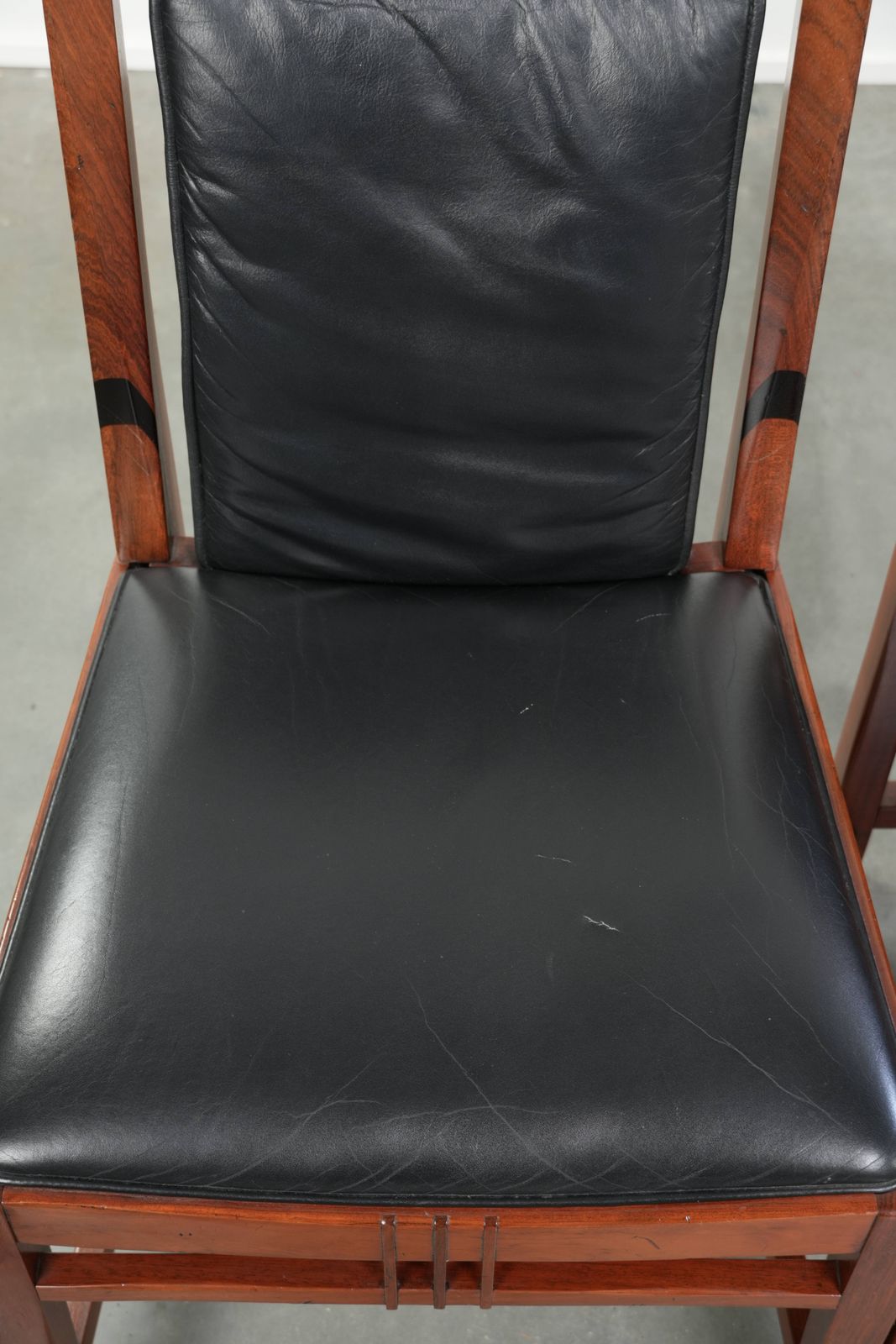 Elegant Set Of Four Black Cowhide Leather And Wood Art Deco Dining Chairs photo vinterior