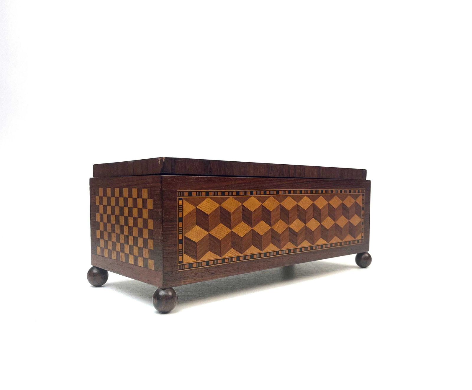 Very Rare Wooden Marquetry Tromp L Oil Geometric Inlays Turnbridge Jewelry Box Carpenter Masterpiece