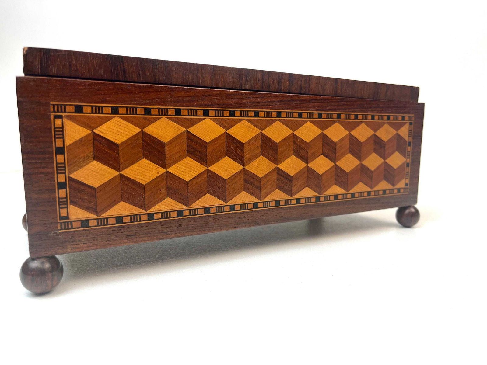 Very Rare Wooden Marquetry Tromp L Oil Geometric Inlays Turnbridge Jewelry Box Carpenter Masterpiece photo 635.0