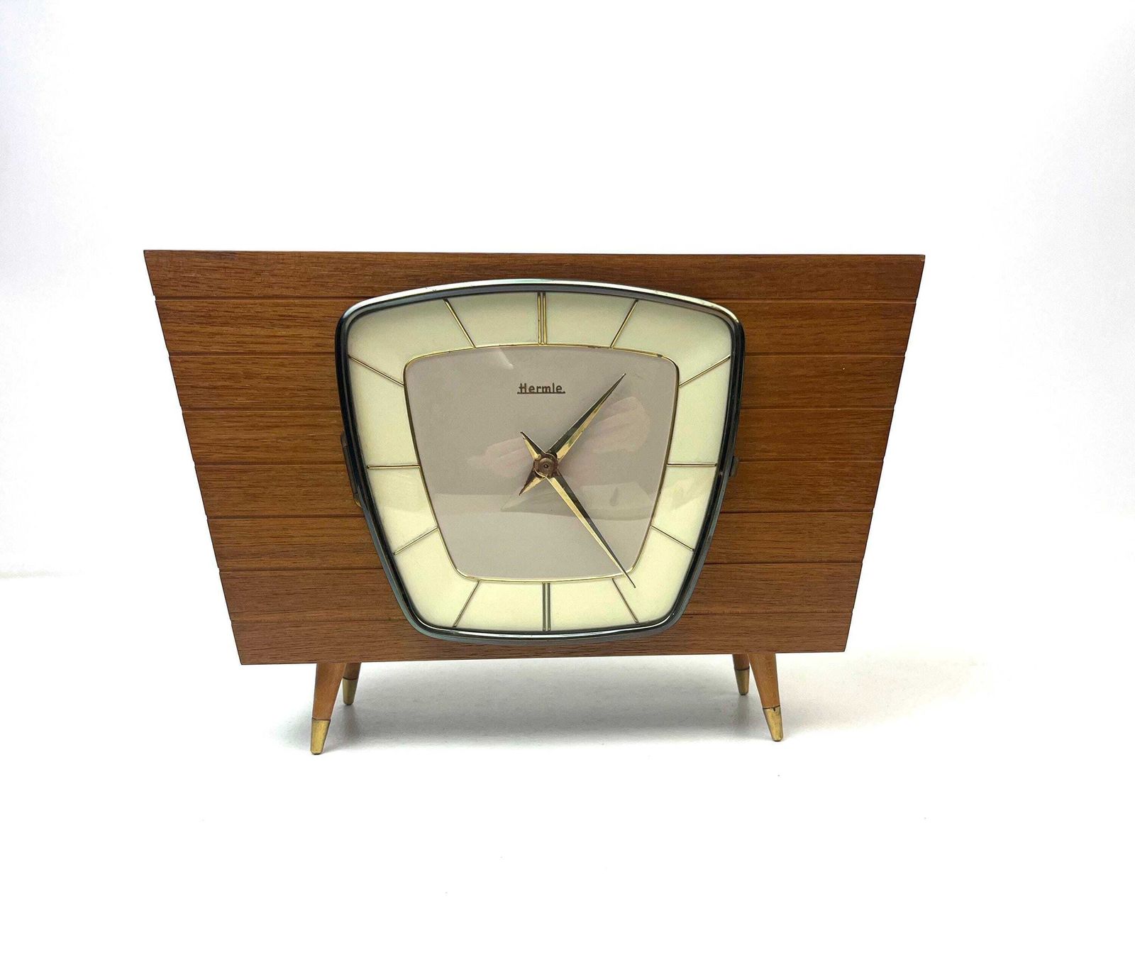 Rare Mid Century Teak Desk Chimny Clock Hairpin Legs By Hermle Germany 1960 photo furniture