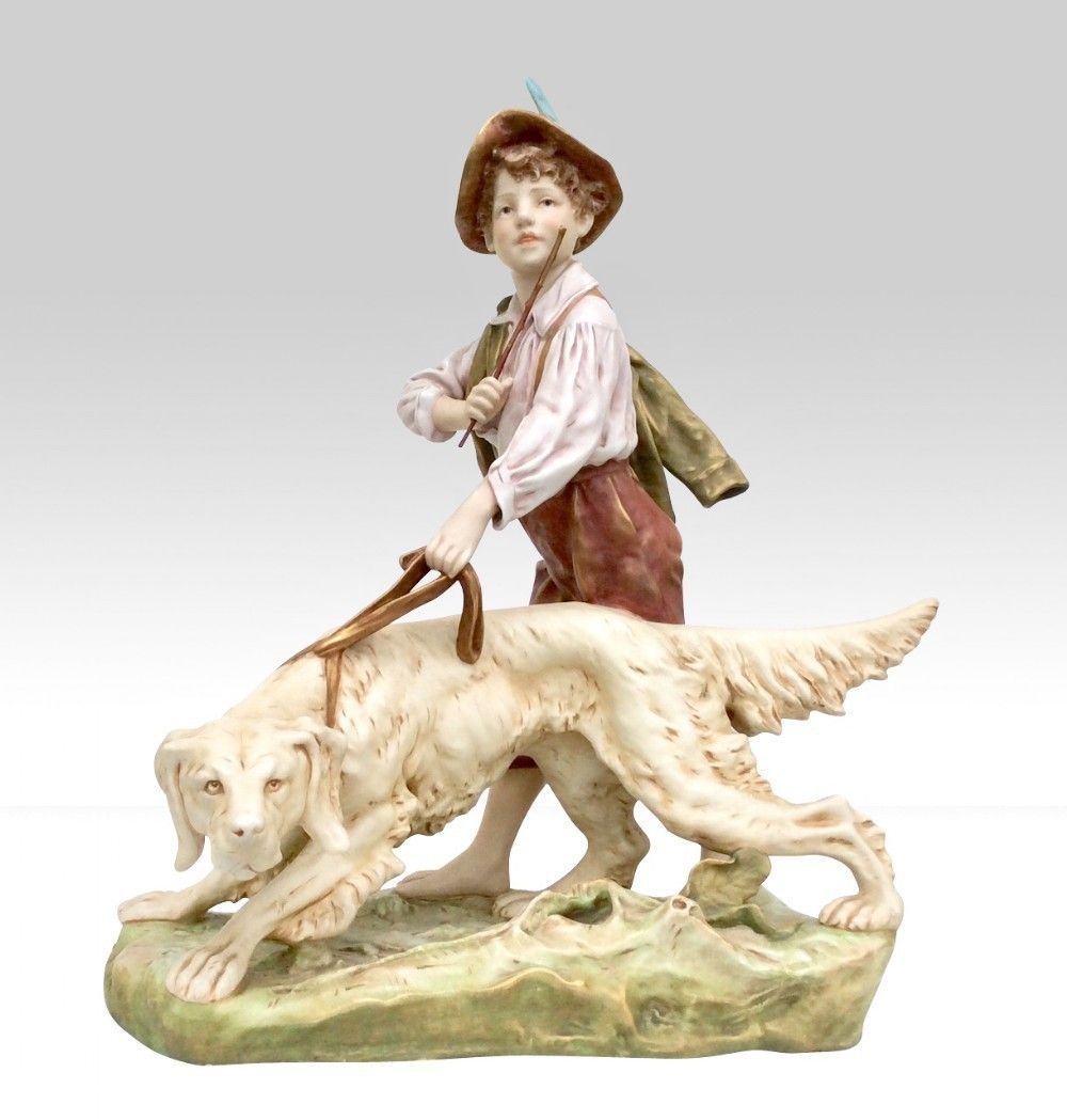 Stunning Large Royal Dux Figurine Of Boy And Dog