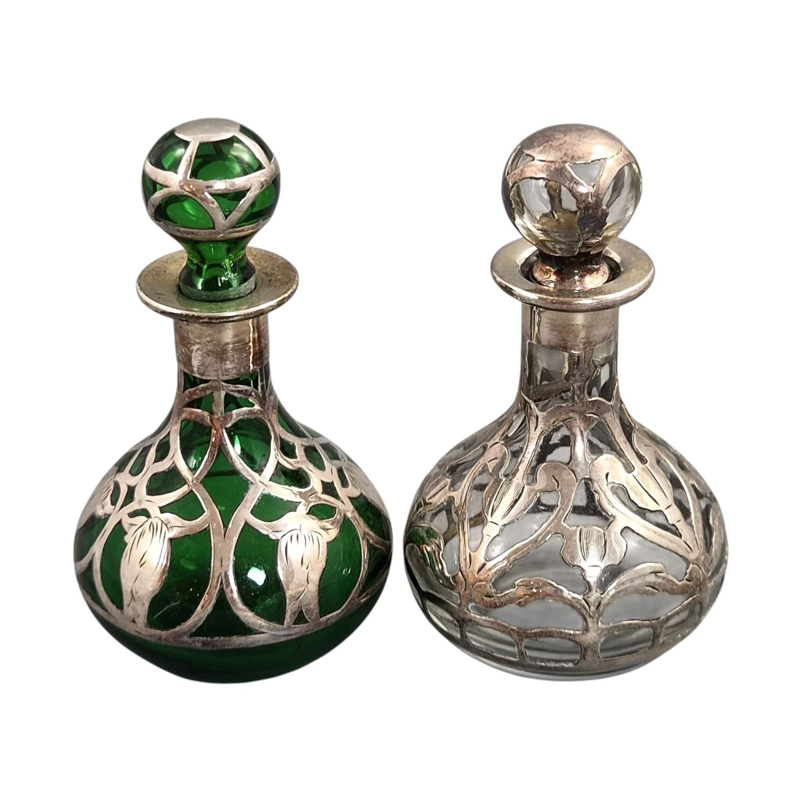 Gorham Art Nouveau Sterling Silver Overlay Glazen Parfumflesjes, ca. 1900 photo furniture