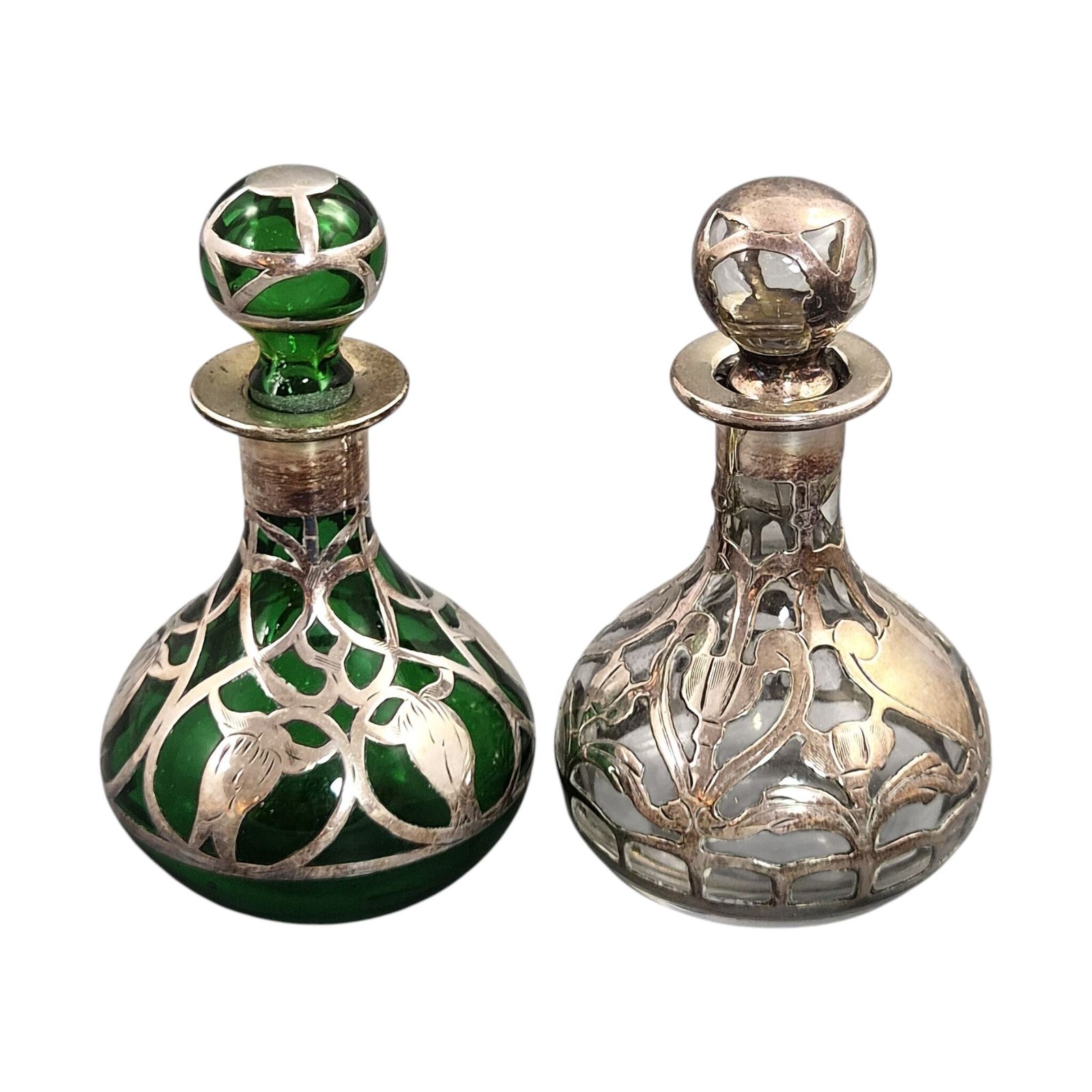 Gorham Art Nouveau Sterling Silver Overlay Glass Perfume Bottles, C.1900 photo for sale