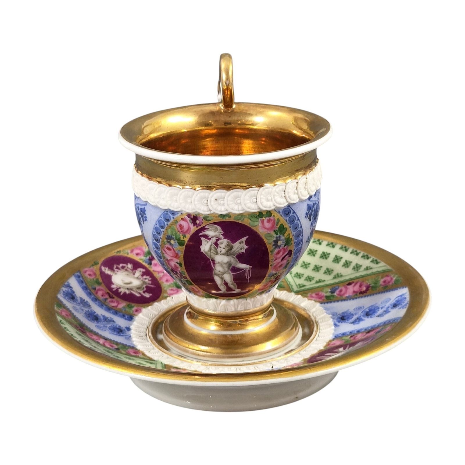 Franse Old Paris (Vieux Paris) Kast Kop en Schotel met Biscuit Leeuwenmasker, ca. 1820 photo Woonaccessoires
