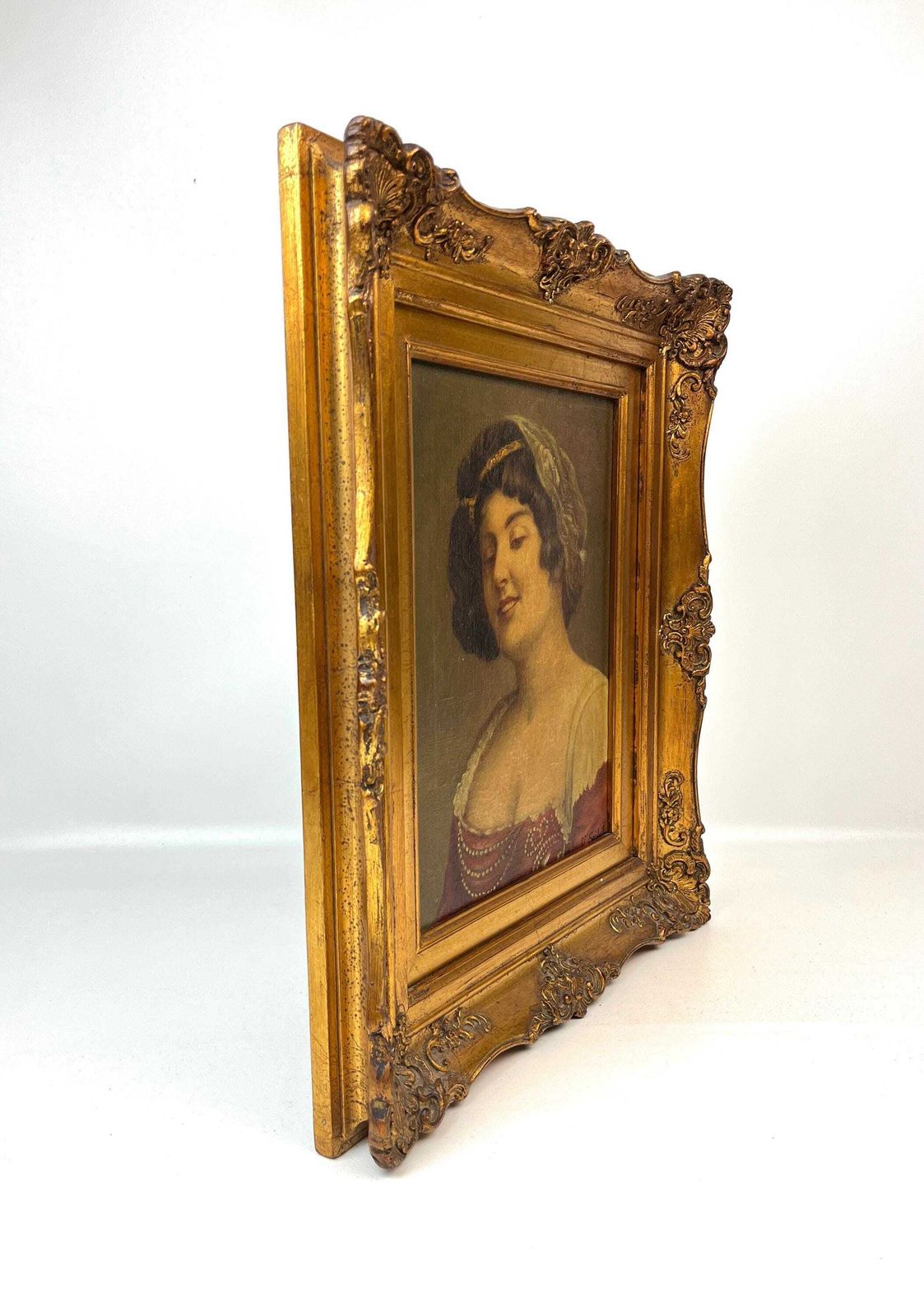 Beautiful Antique Art Nouveau Woman Portrait Painting In Ornate Gold Frame Germany About 1890 photo vinterior