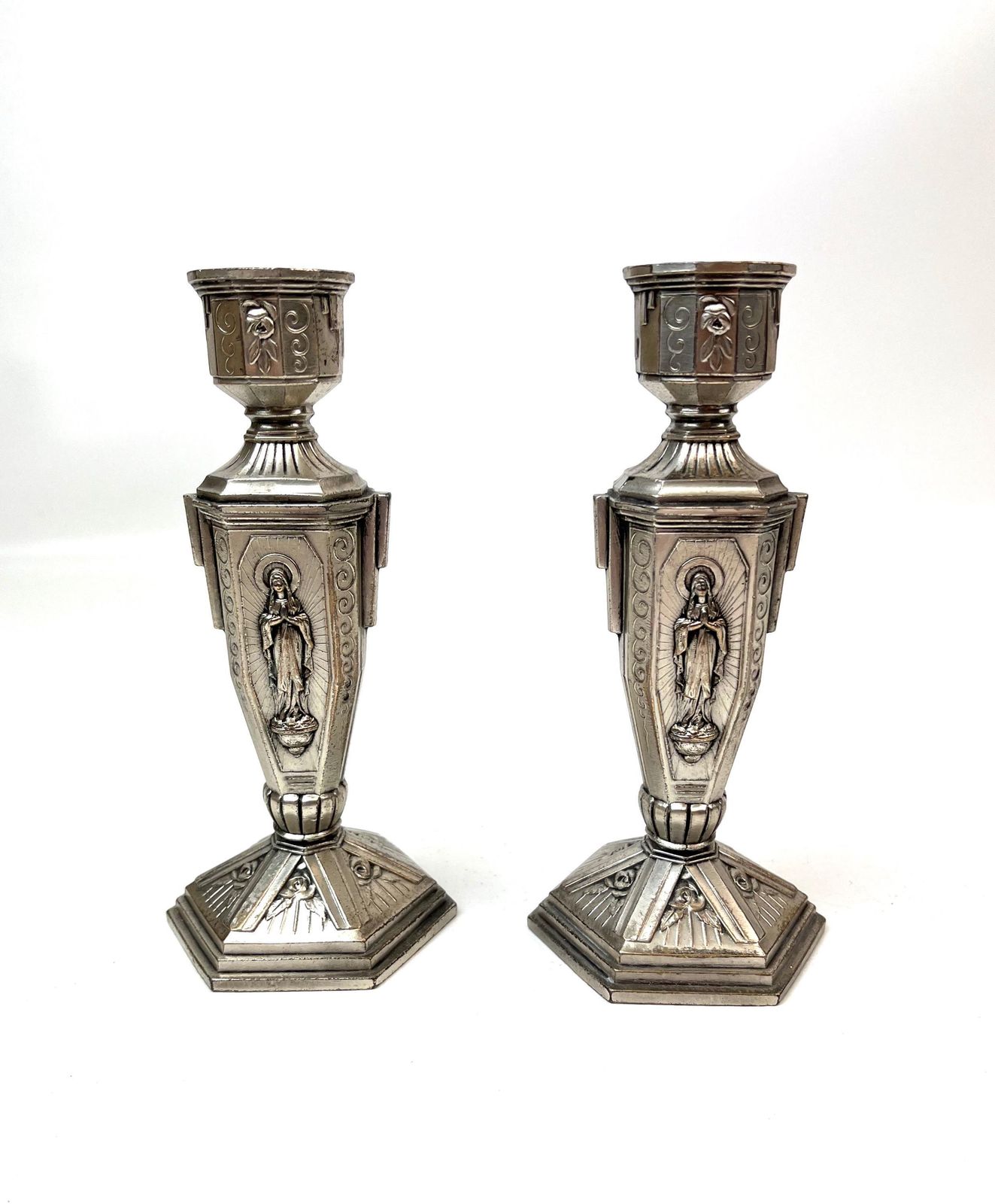 Paire de bougeoirs d'église Art déco en chrome, Sainte Marie, d'époque