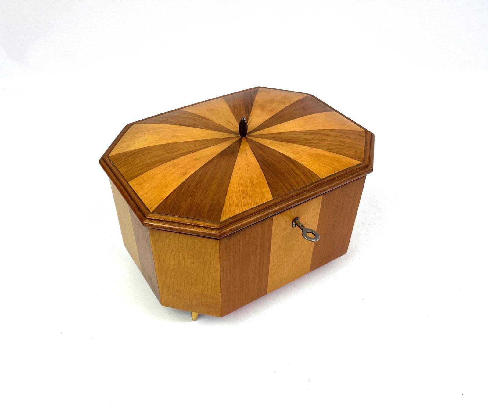 Grote zeldzame mid-century sieradendoos, zonnestraalmarqueterie fineer, slot met sleutel, Duitsland 1950