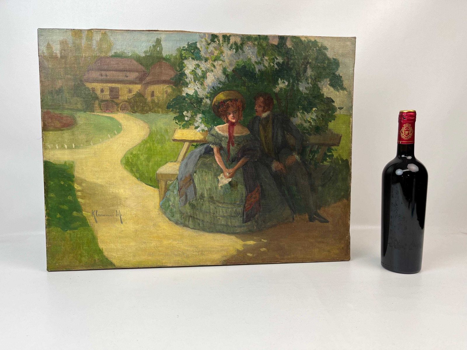 photo for sale Antiek Duits olieverfschilderij op doek, romantisch koppel, Art Nouveau, gesigneerd M. Klummer, ca. 1890