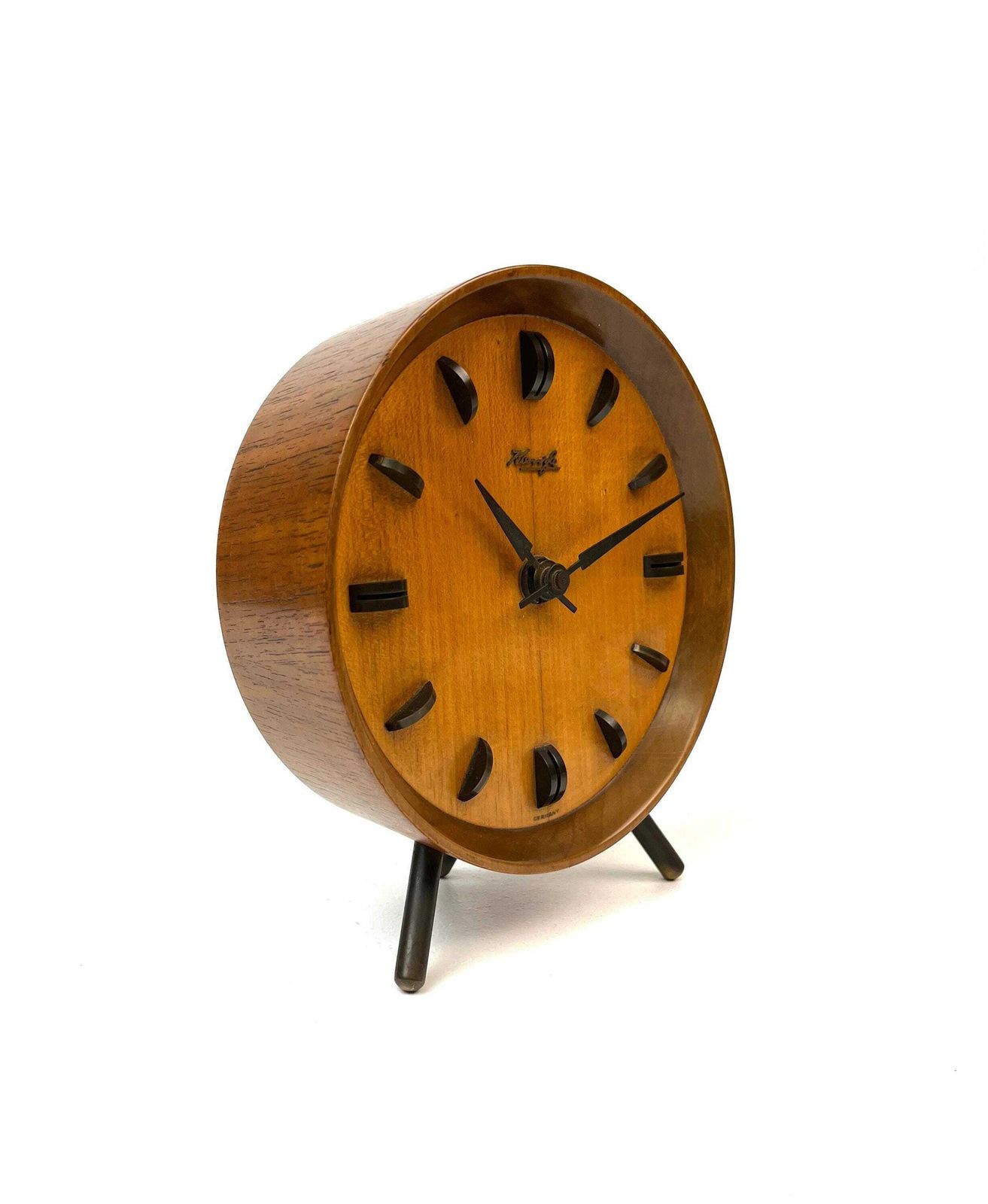 Beautiful Round Mid Century Teak Tripod Desk Clock By Kienzle Germany 1960