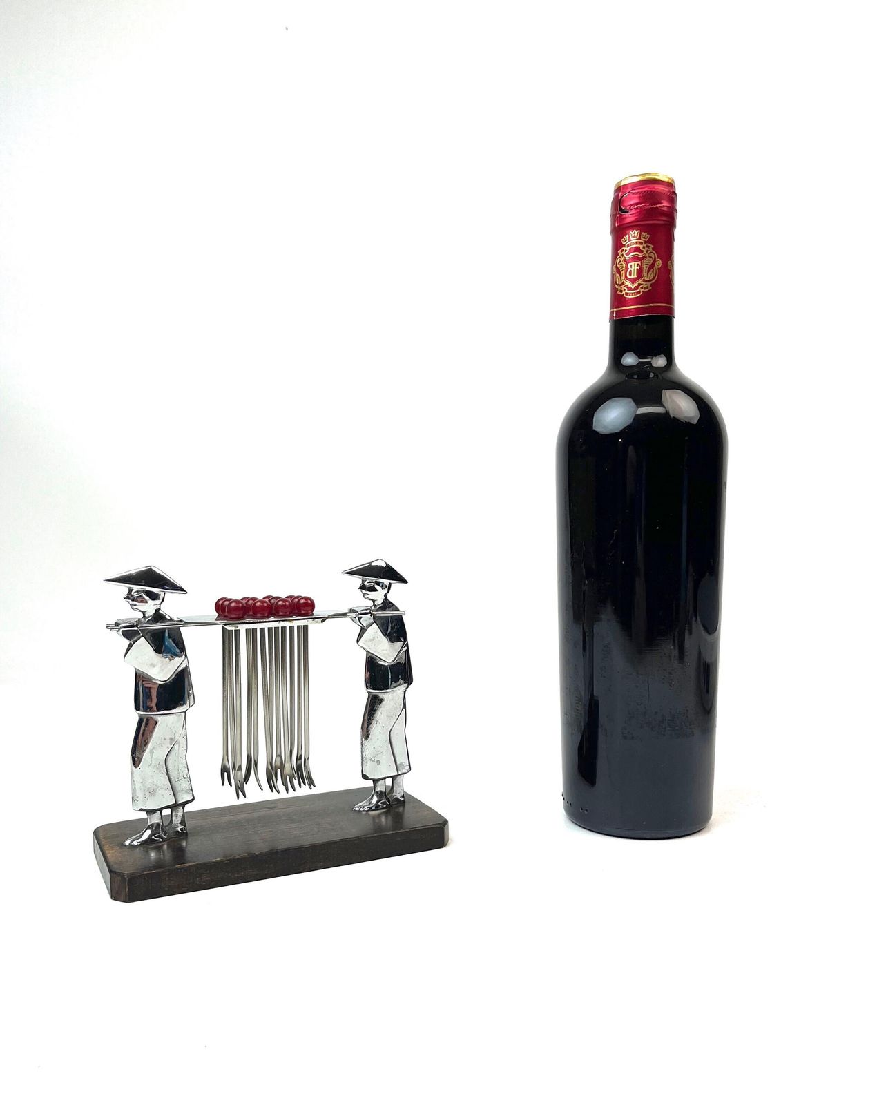 Piques à cocktail Art déco Sudre avec support, en métal chromé et bakélite sur base en palissandre photo vinterior