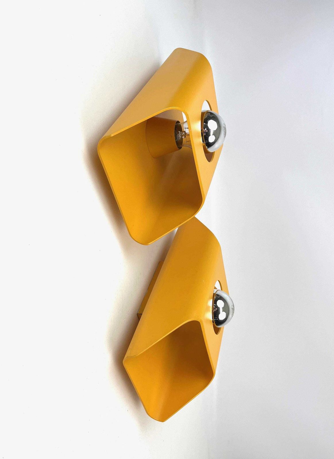 Stunning Rare Space Age Mid Century Pair Cubist Mustard Yellow Wall Lamps By Klaus Hempel For Kaiser photo 1064.0