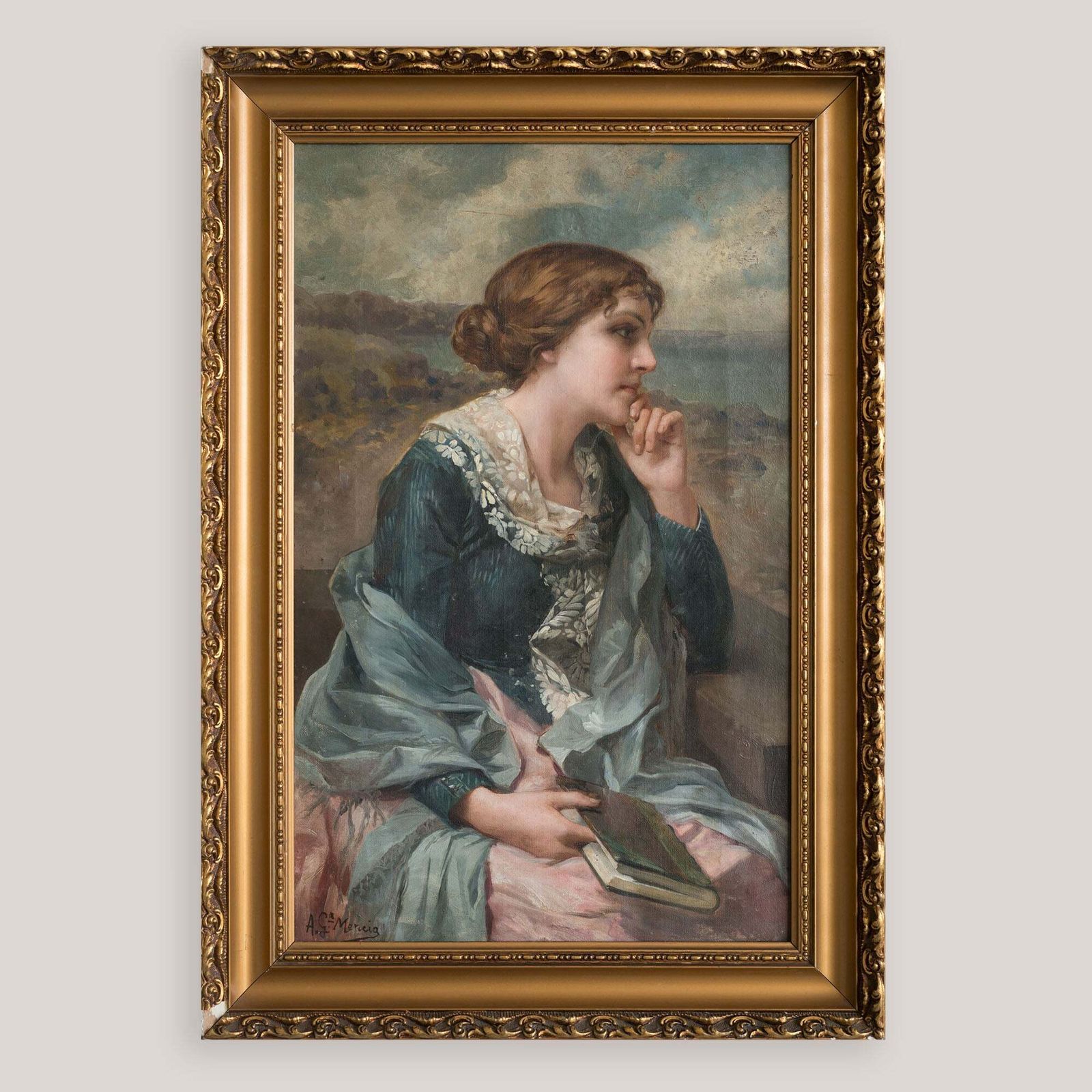 Portret Van Een Jonge Vrouw Die Leest - Olieverf Op Doek Door Antonio García Mencía (1849-1920) photo for sale