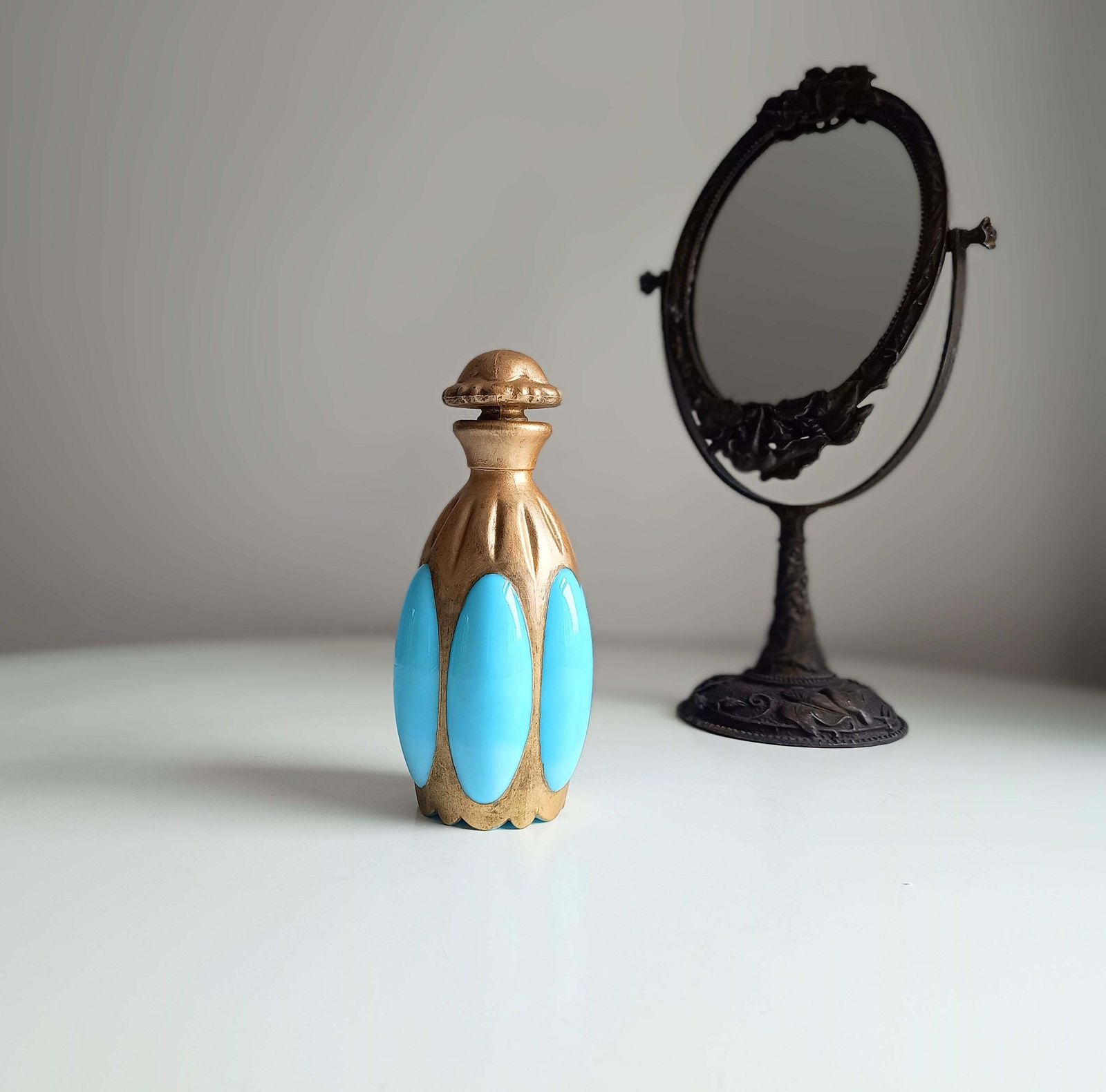 Antique French Blue Opaline Perfume Bottle – Portieux Vallerysthal "Melon" Mold 1000 C 1910 photo 88.0