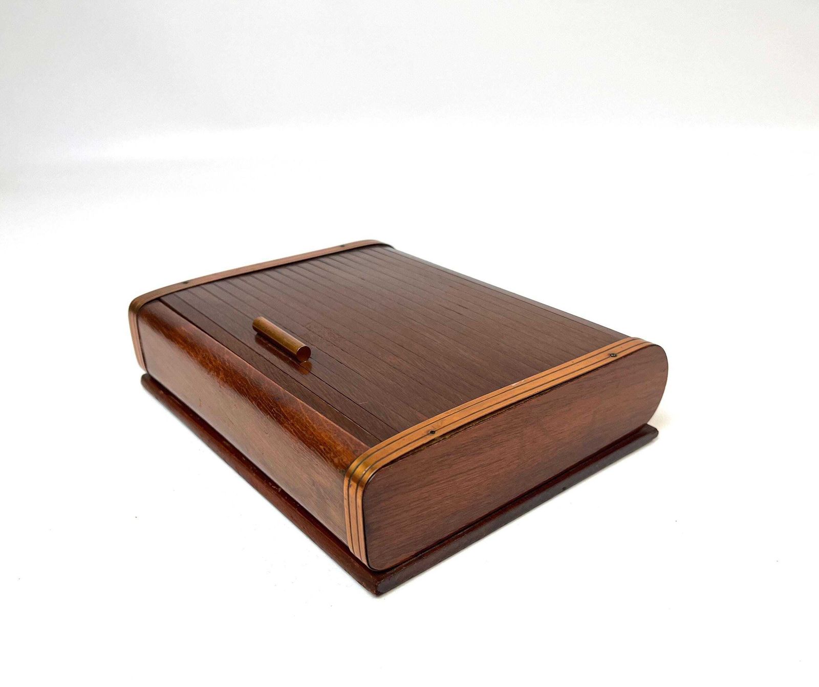 Zeldzame art deco Bauhaus sieradendoos van hout en koper met rolluiksluiting, ca. 1930. photo Woonaccessoires