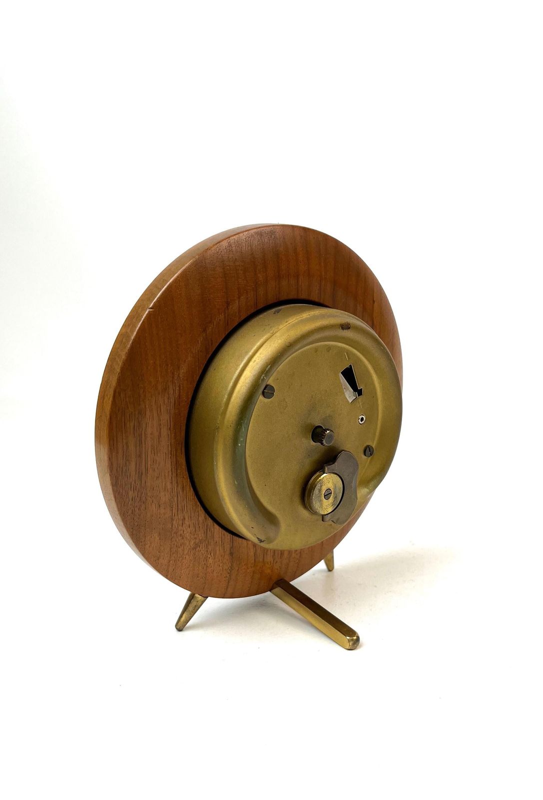 Horloge de bureau ronde mid-century sur trépied en teck, par Haid, Allemagne, 1960. photo 484.0
