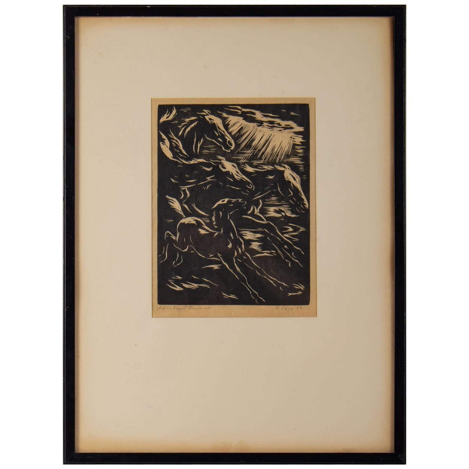 Engraving, Signed, 1928, Representative Stylized Horses Running, Framed