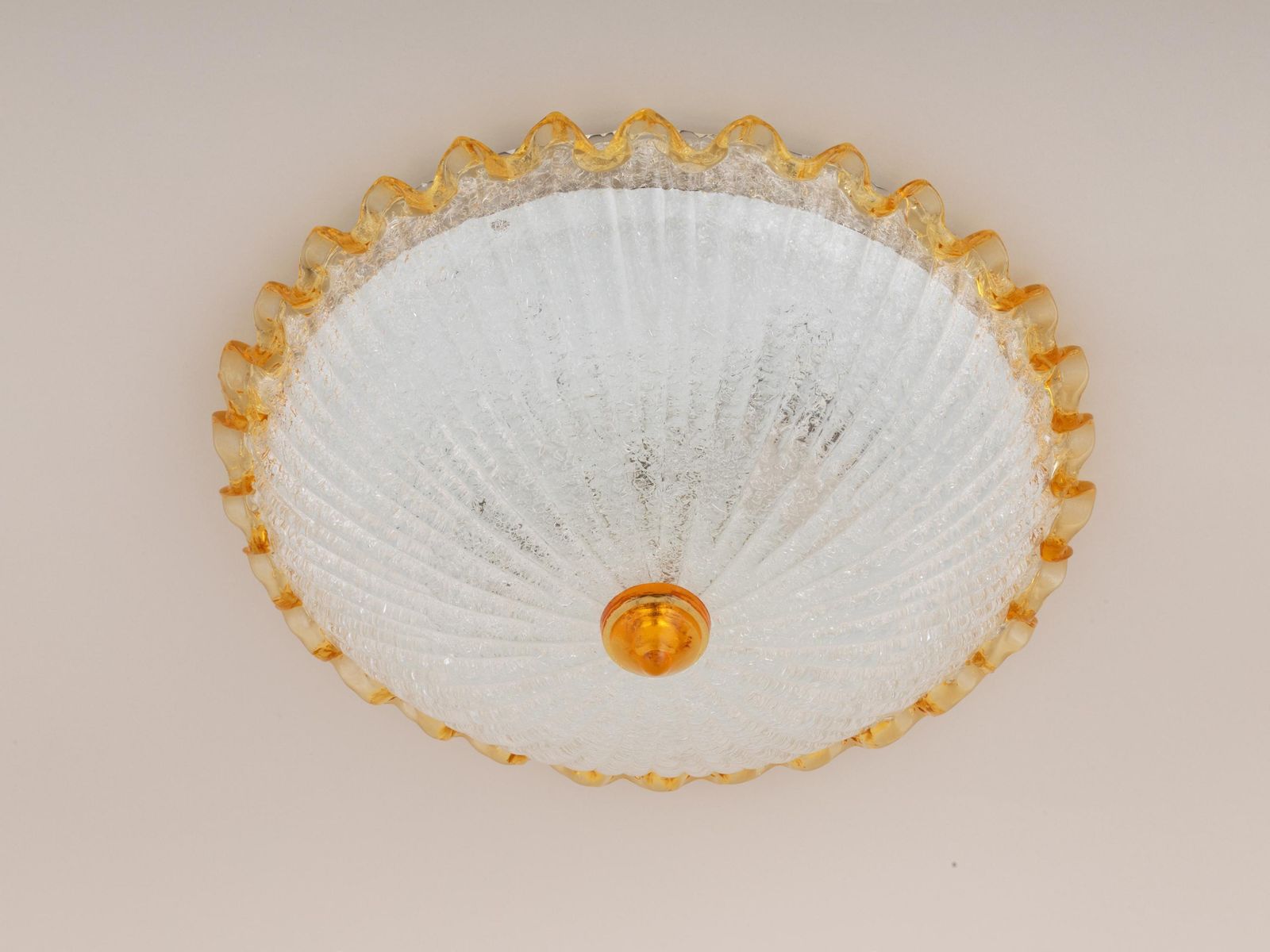 Mid Century Murano Barovier & Toso Flush Mount Glass Fixture Ceiling Light Lamp Vintage Ocher Yellow Ice Venetian Hollywood Regency Toilet photo for sale