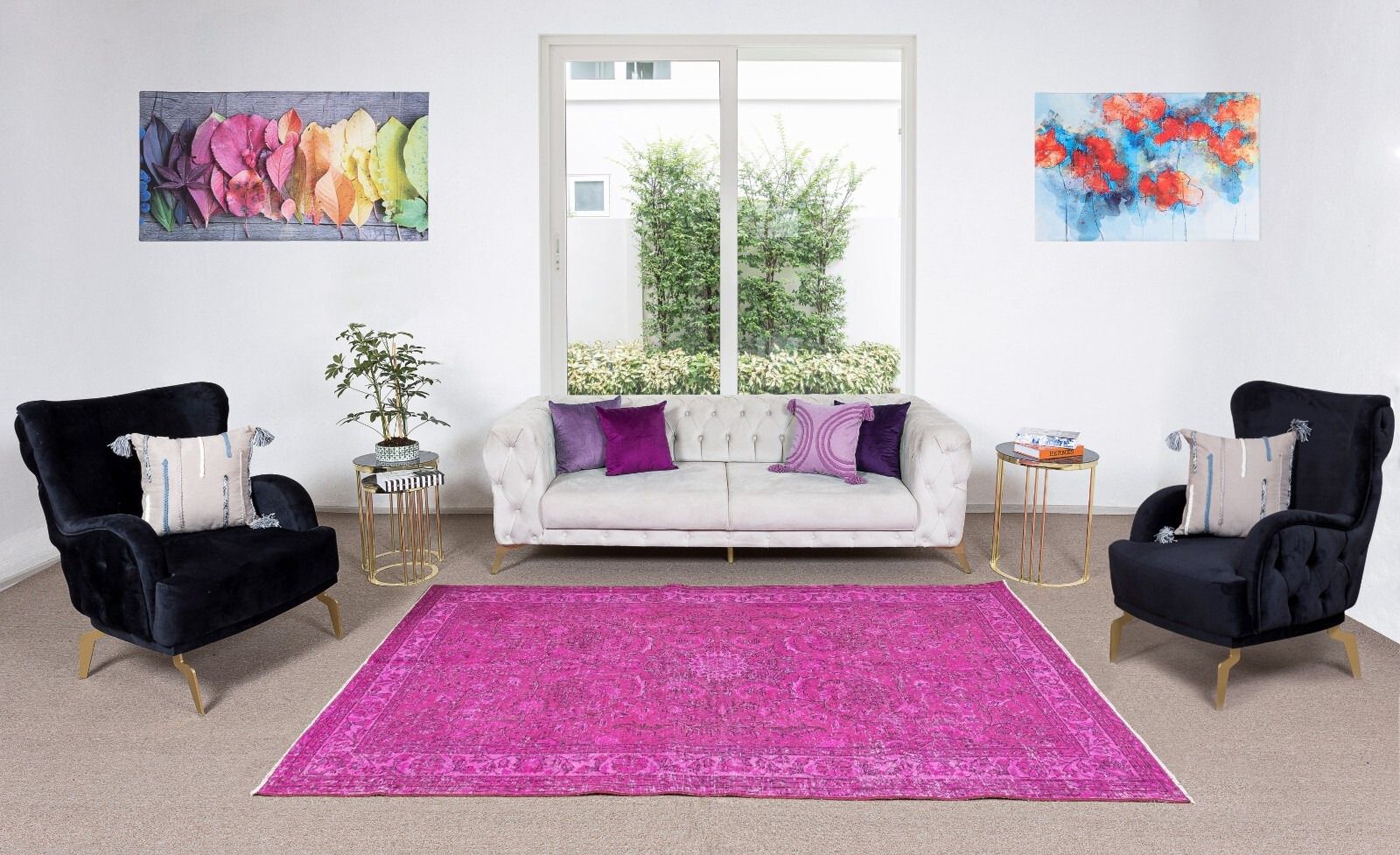 5.3x8.6 Ft Handmade Midcentury Turkish Rug In Fuchsia Pink For Modern Interiors Tek0483 photo furniture