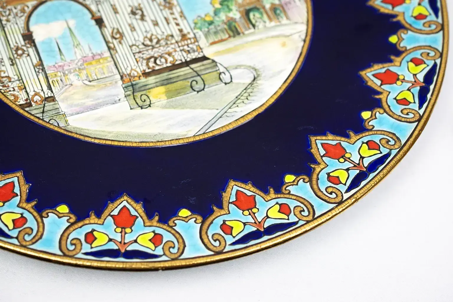 photo furniture Large Longwy Enamel Platter – Stanislas Gate, Nancy – Polychrome Enamelled Ceramic