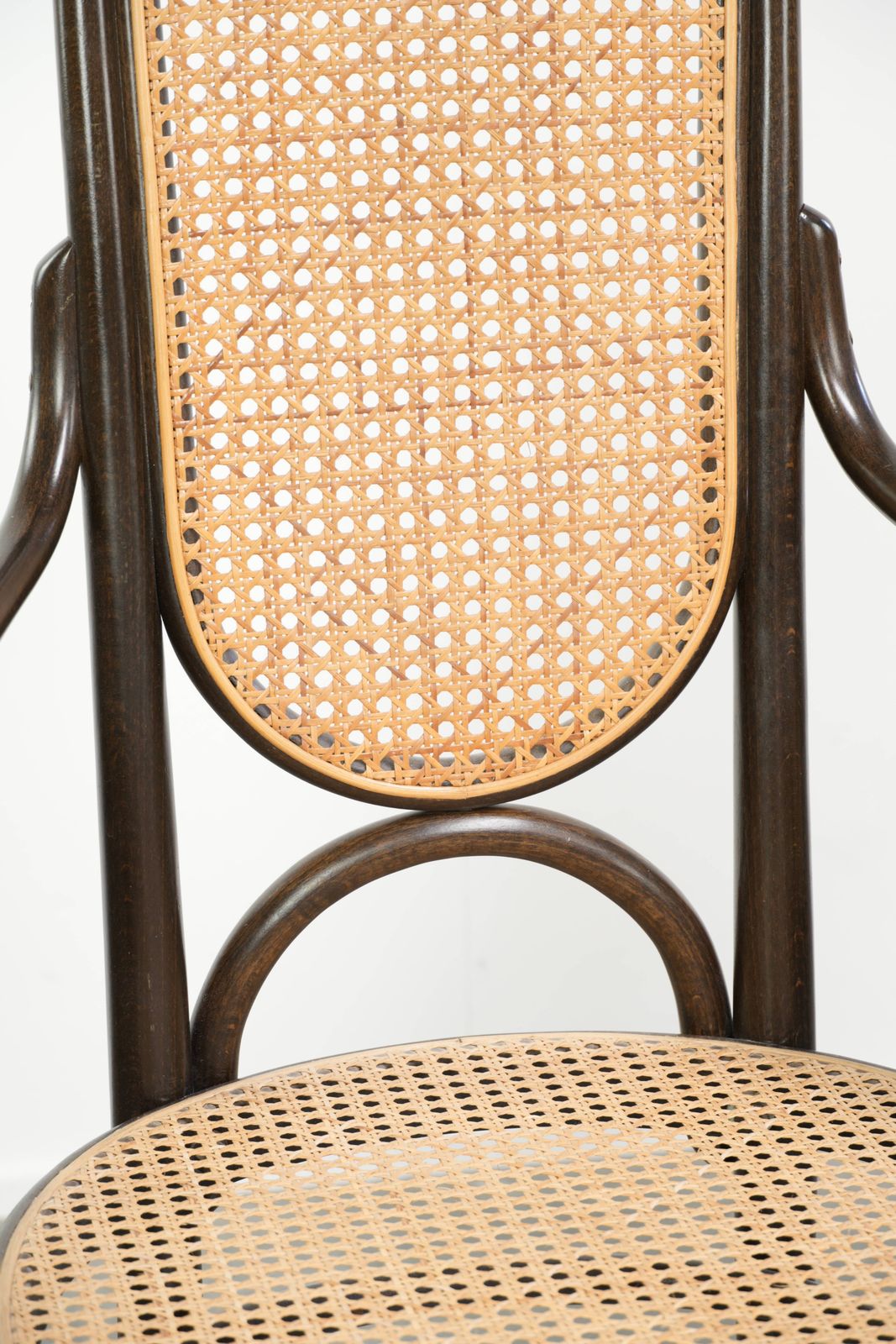 photo furniture Set Of 2 Original Vintage Thonet Design Chairs, Model Long John, With Armrests, A High Back, Webbing Seat And Backrest, And An Elegantly Curved Wooden