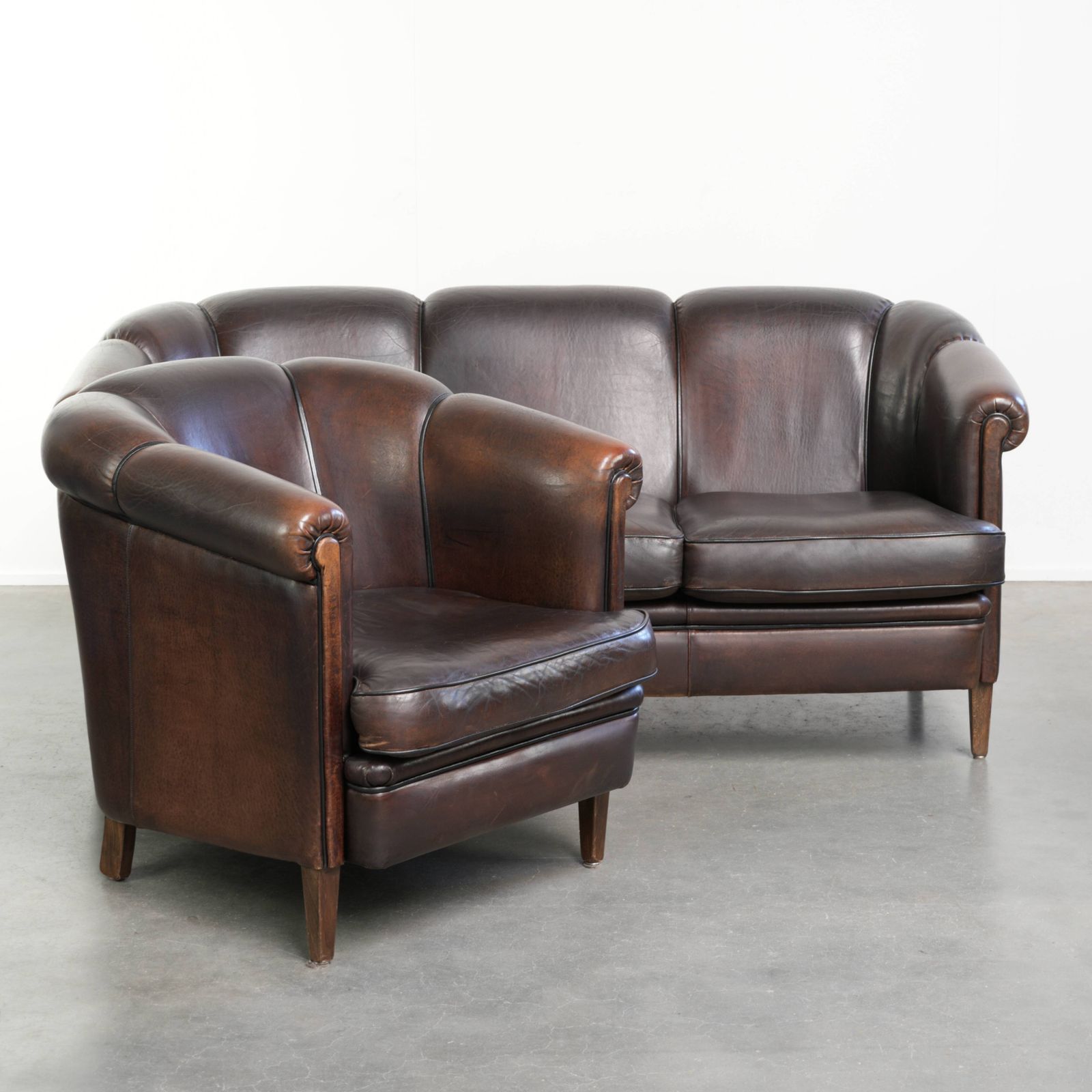 Beautiful Set Consisting Of A Sheepskin Sofa Together With Its Matching Club Armchair With A Luxurious Appearance