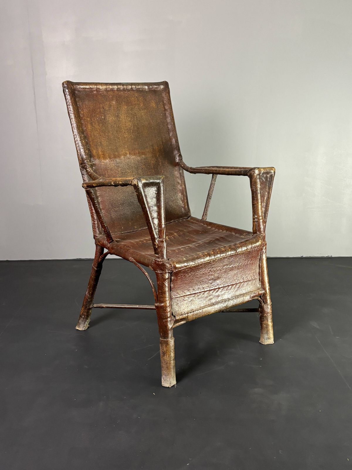 Wabi Sabi Colonial Art Deco Rattan Faux Leather Oil Cloth Armchair, 1920s photo furniture