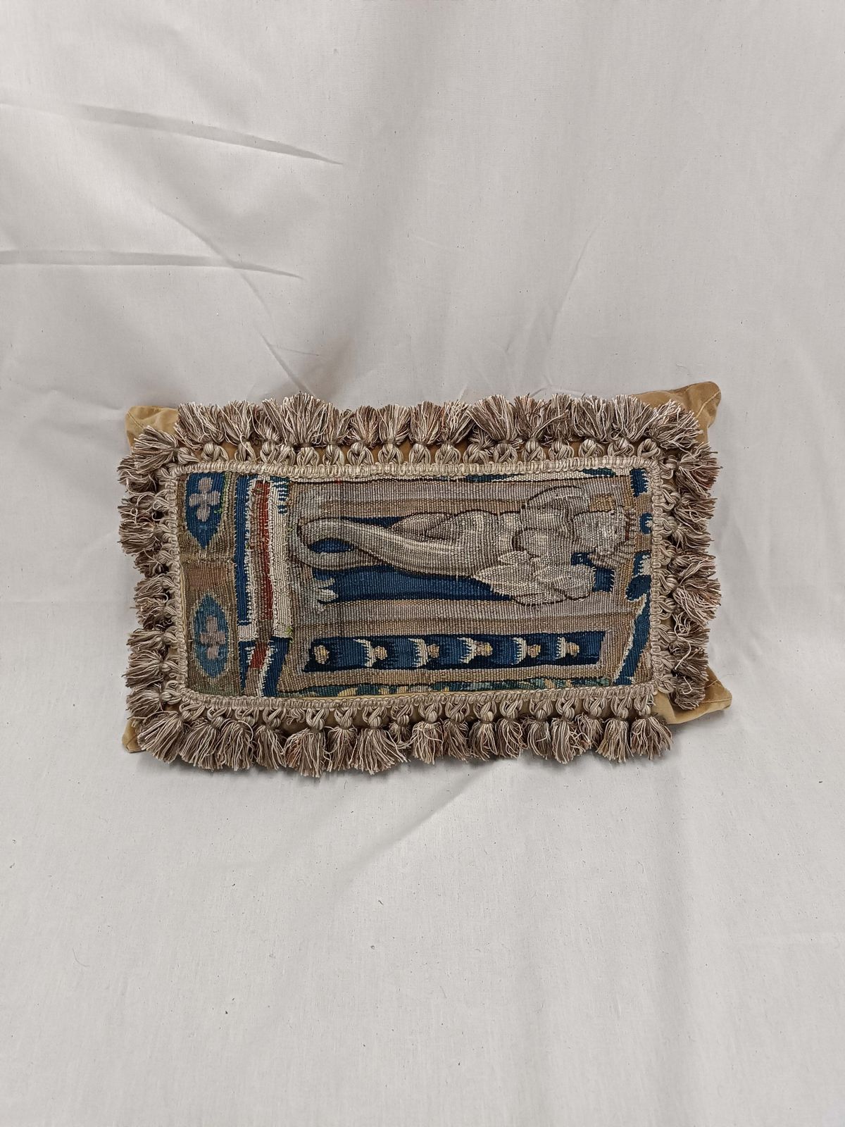 Rare 17th Century French Aubusson Tapestry Cushion With Figural Design & Tassels photo buy