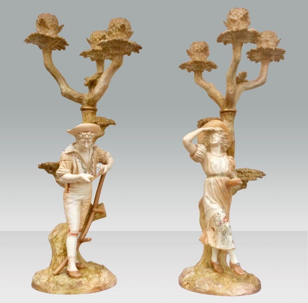 Pair Of Antique Royal Worcester Candelabra Signed By James Hadley