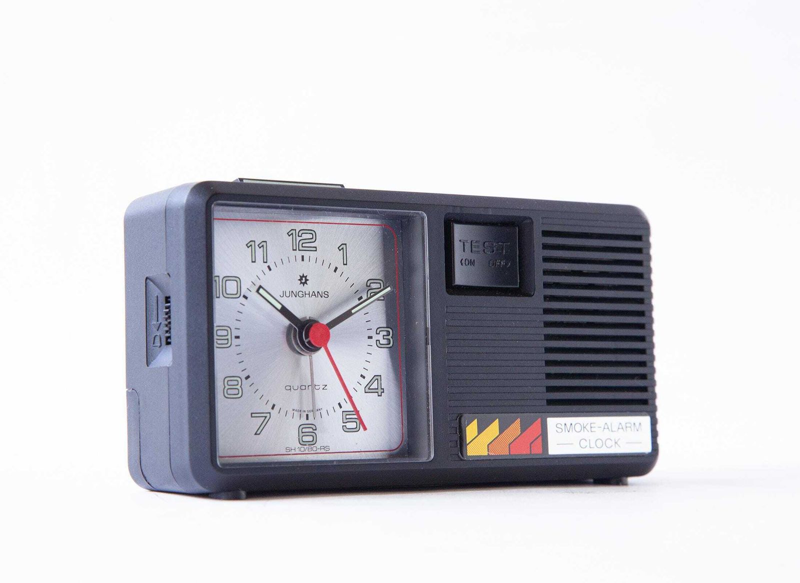 Rare Junghans Smoke Alarm Clock, Duitsland, bureauklok, Space Age, jaren 1980, kwartsuurwerk, rookmelder photo furniture
