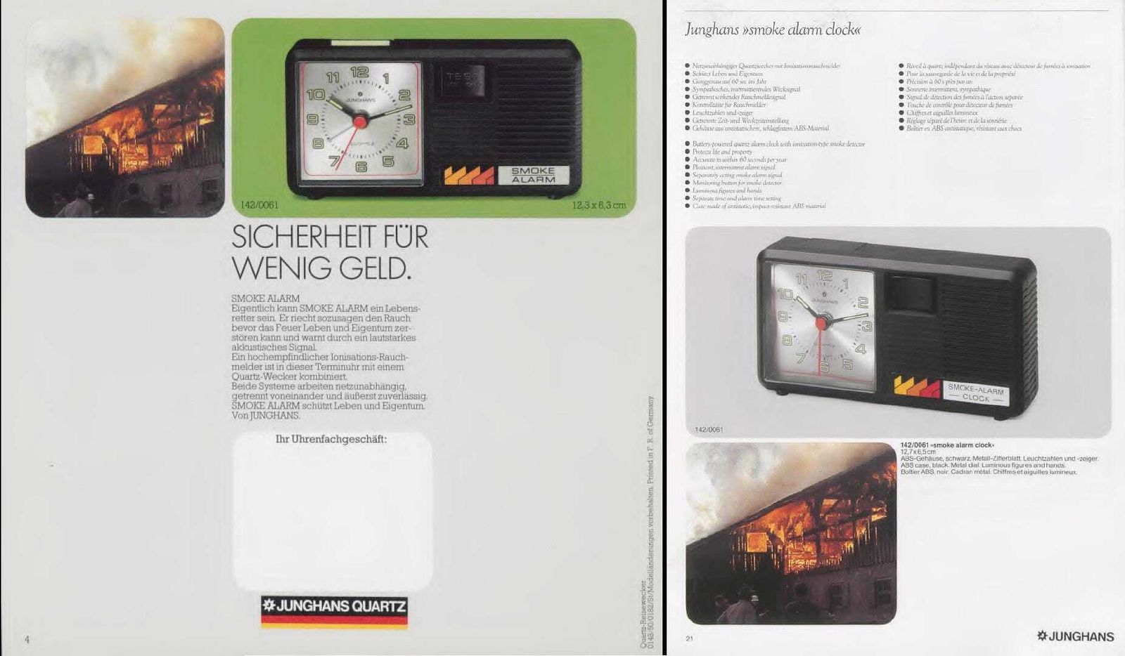 Rare Junghans Smoke Alarm Clock, Duitsland, bureauklok, Space Age, jaren 1980, kwartsuurwerk, rookmelder photo vintage
