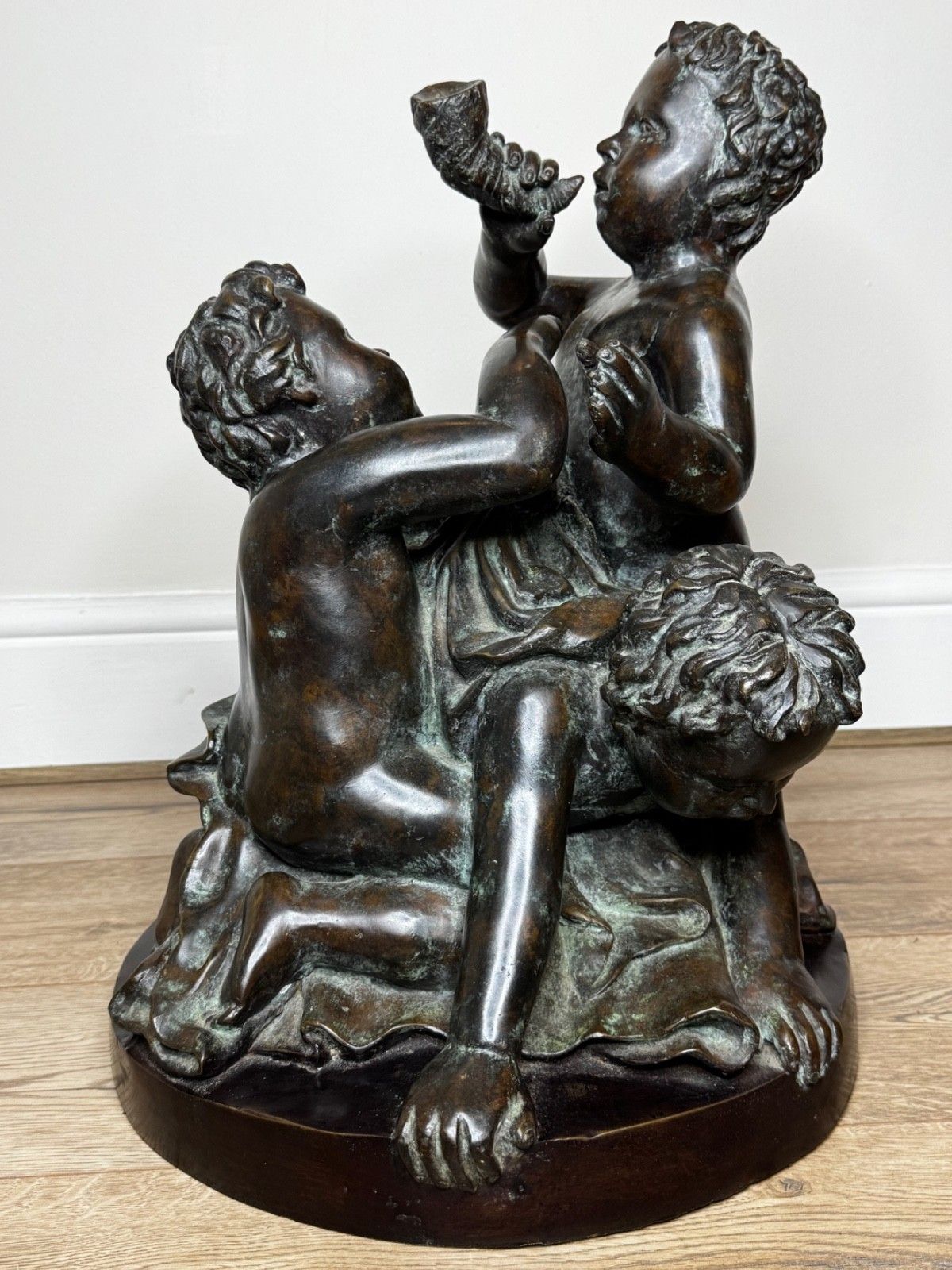 Bronze Group Call Of The Triton Conch Sea Putti  In The Manner Of Claude Michel photo for sale