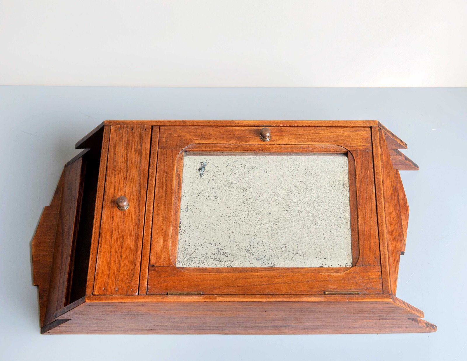 Furniture Antique French Wall Cabinet With Foxed Mirror – Rustic Oak Hanging Medicine & Bathroom Cabinet photo
