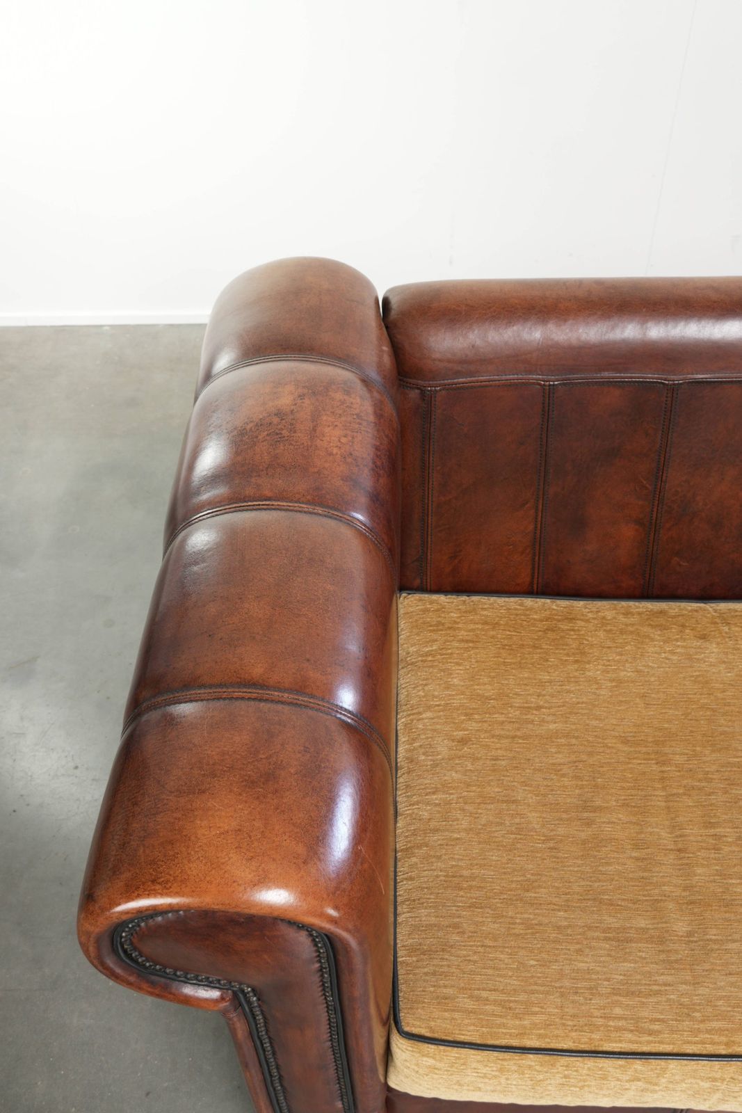 Luxurious, Spacious Sheepskin 3 Seater Sofa From The Late 20th Century With Detachable Armrests And Fabric Seat And Back Cushions. photo vinterior