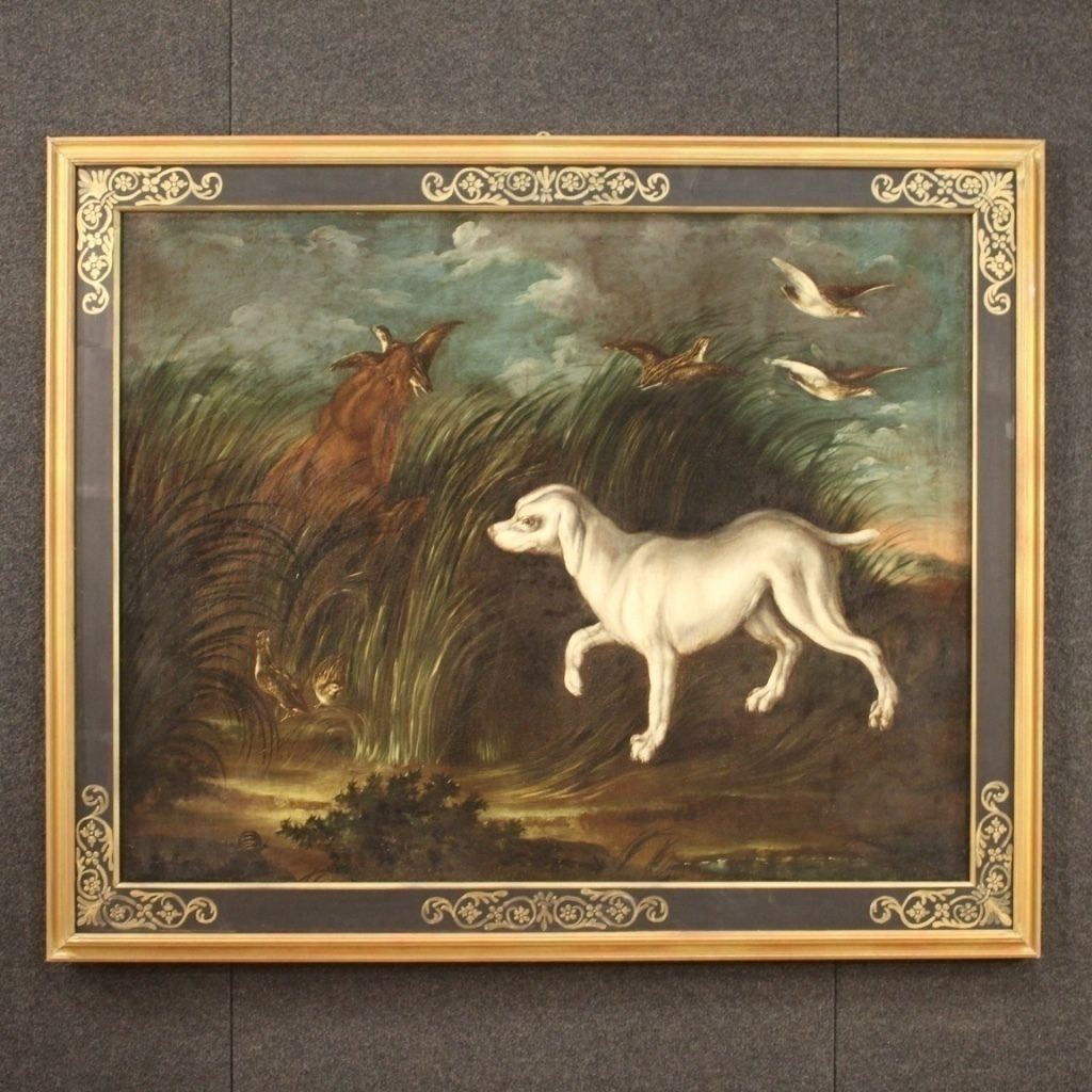 Antique French Painting From 18th Century Landscape With Dog