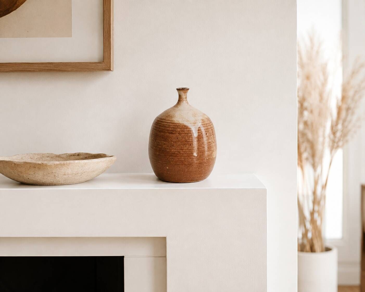 Ovoid Vase With A Small Neck In Brown Beige Ceramic And White Drips. photo buy