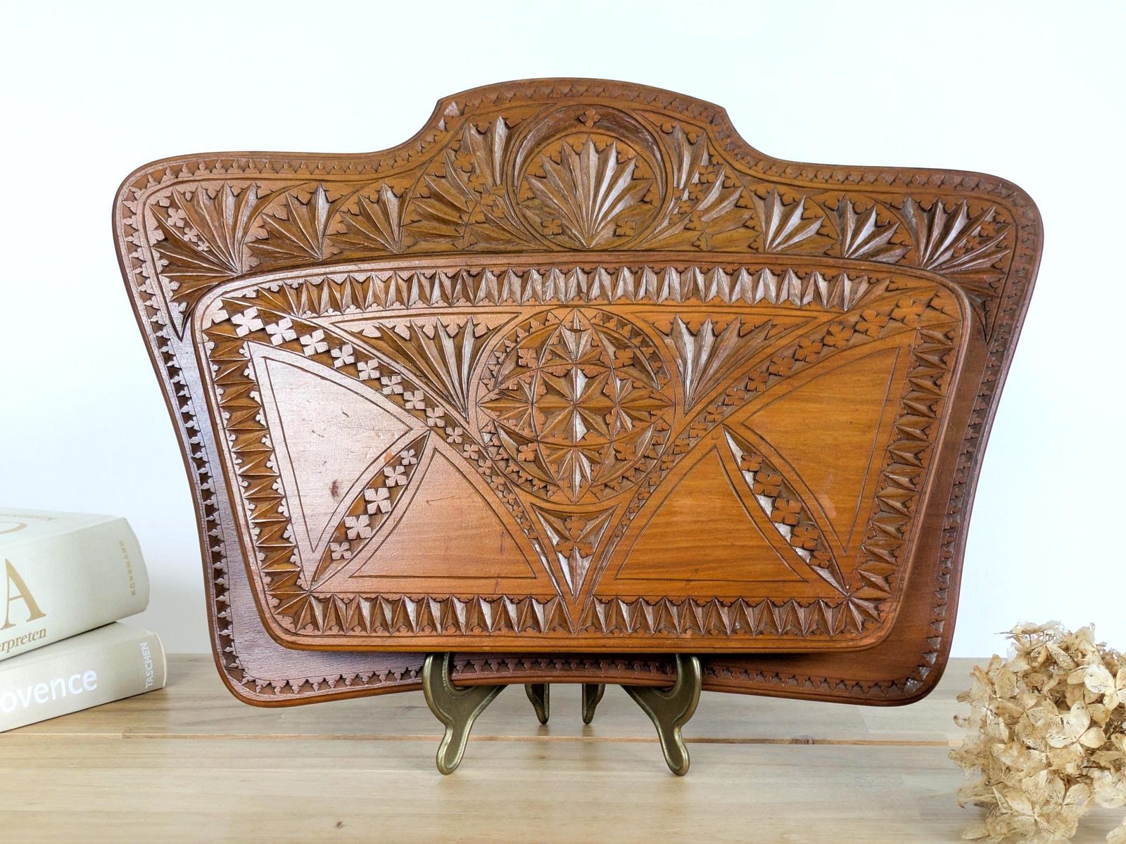 Antique Hand Carved Wood Letter Rack Folk Art Wall Mount Magazine Holder Office Storage