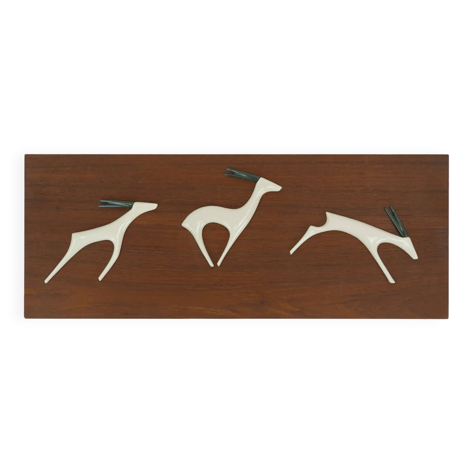 Panneau mural en teck avec antilopes en porcelaine Sgrafo Modern, design années 1960, par Peter Mueller