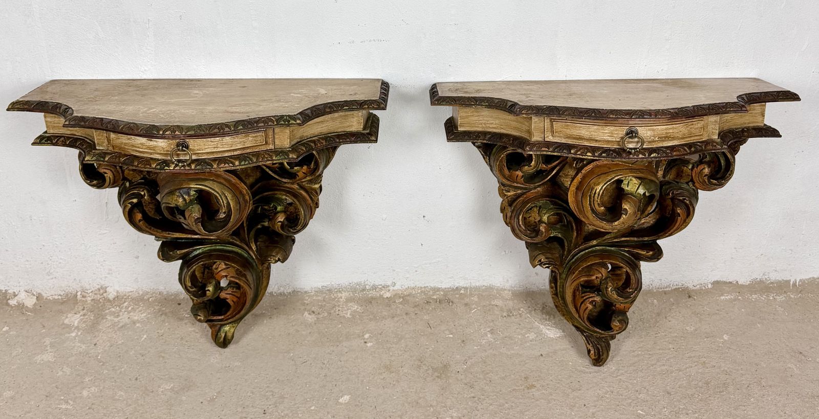 Pair Of Italian Polychromed Wall Pedestals With Marble Tops, Mid 20th Century photo furniture