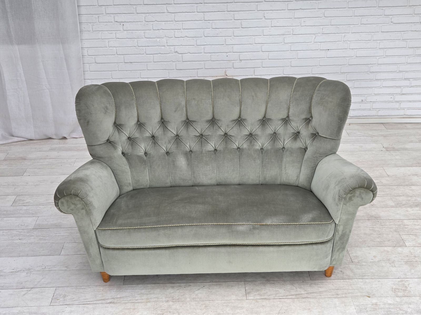 1960s, Danish 2 Seater Sofa. Light Green Furniture Velour. photo furniture
