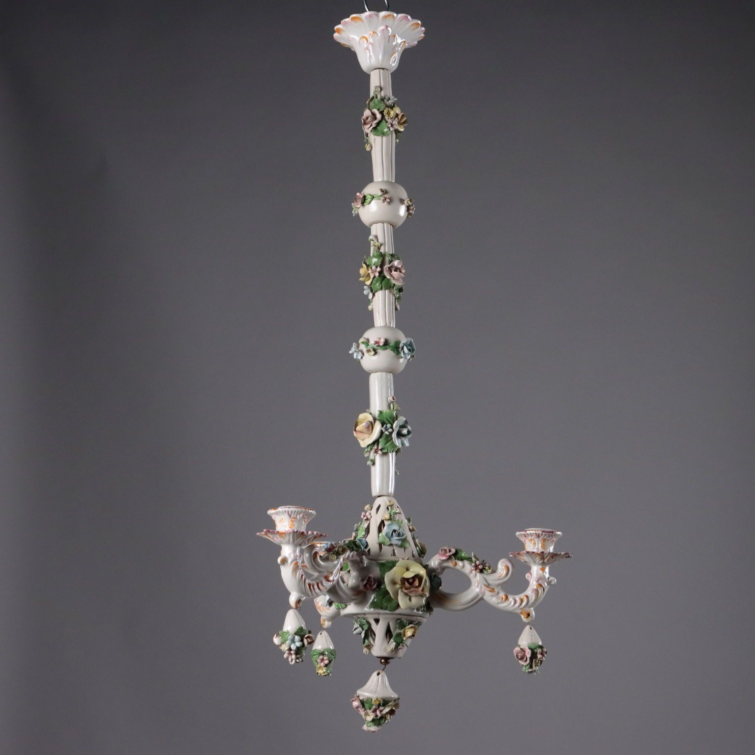 Antieke 3-lichts kroonluchter, porseleinen Capodimonte, Italië, 20e eeuw