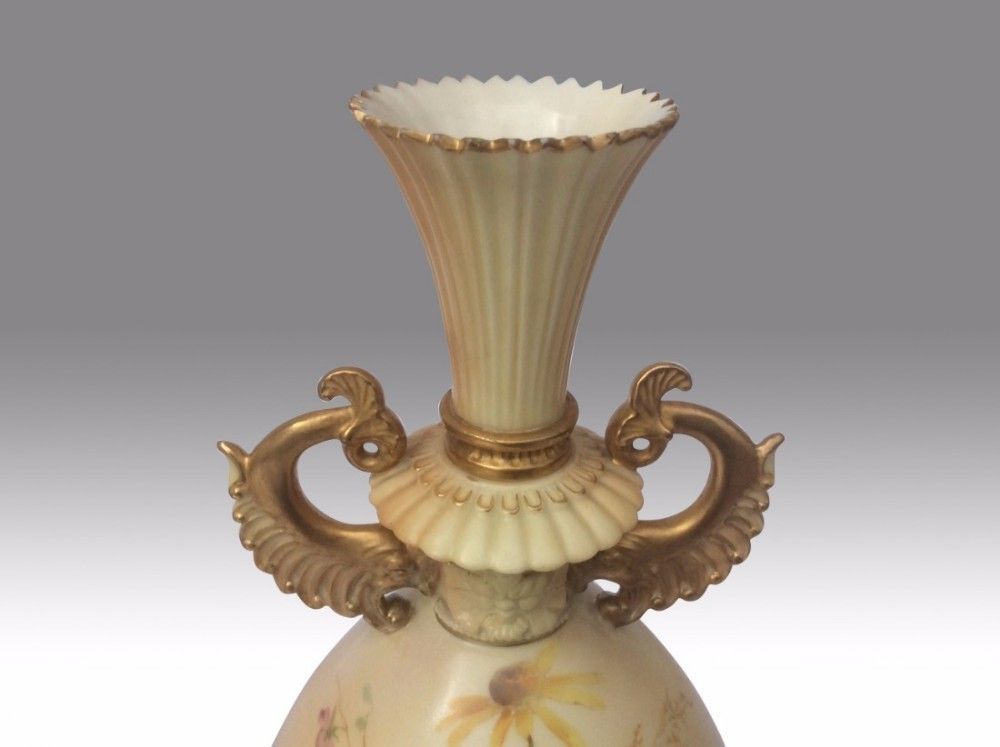 Very Fine Pair Of Antique Painted And Blush I Vory Royal Worcester Vases Dated 1893 9ins Tall By E Raby photo for sale